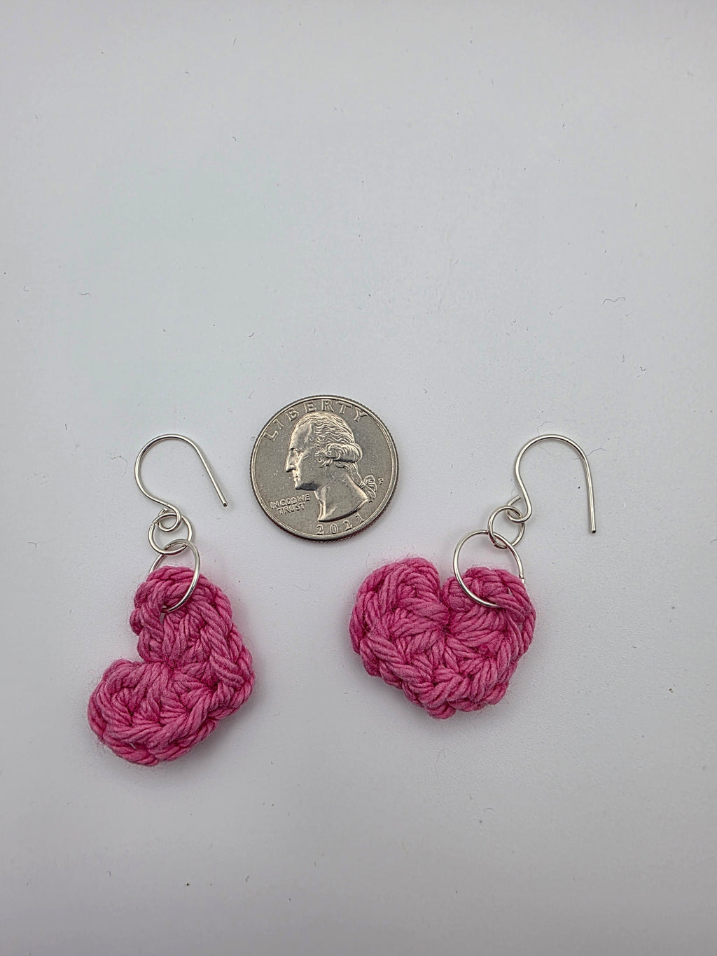 Upcycled Pink Cotton Yarn Heart Earrings on Sterling Silver Hooks