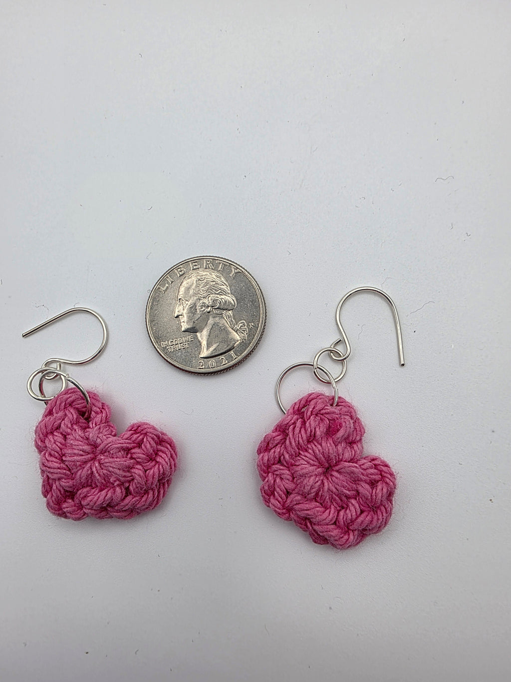 Upcycled Pink Cotton Yarn Heart Earrings on Sterling Silver Hooks