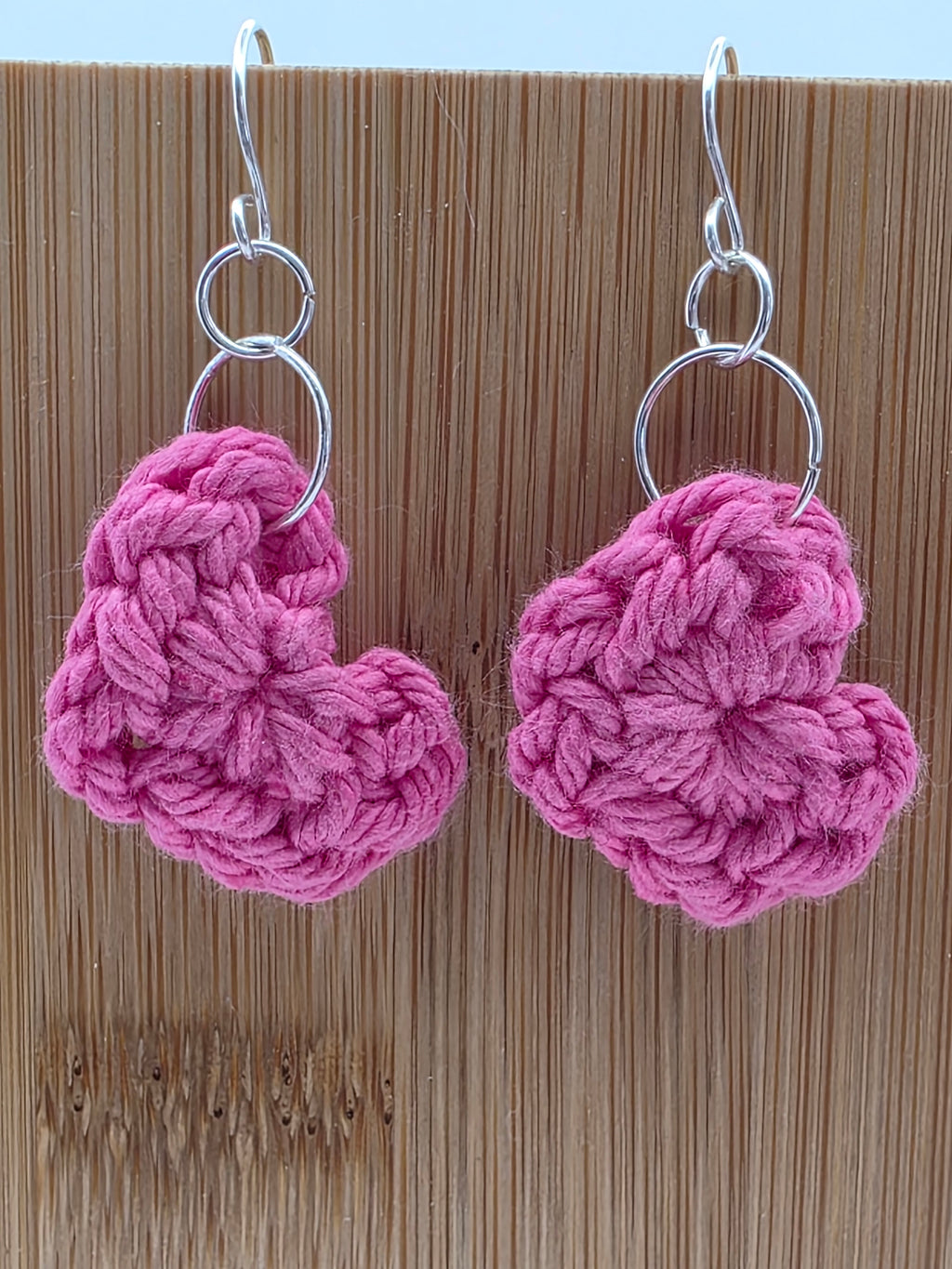 Upcycled Pink Cotton Yarn Heart Earrings on Sterling Silver Hooks