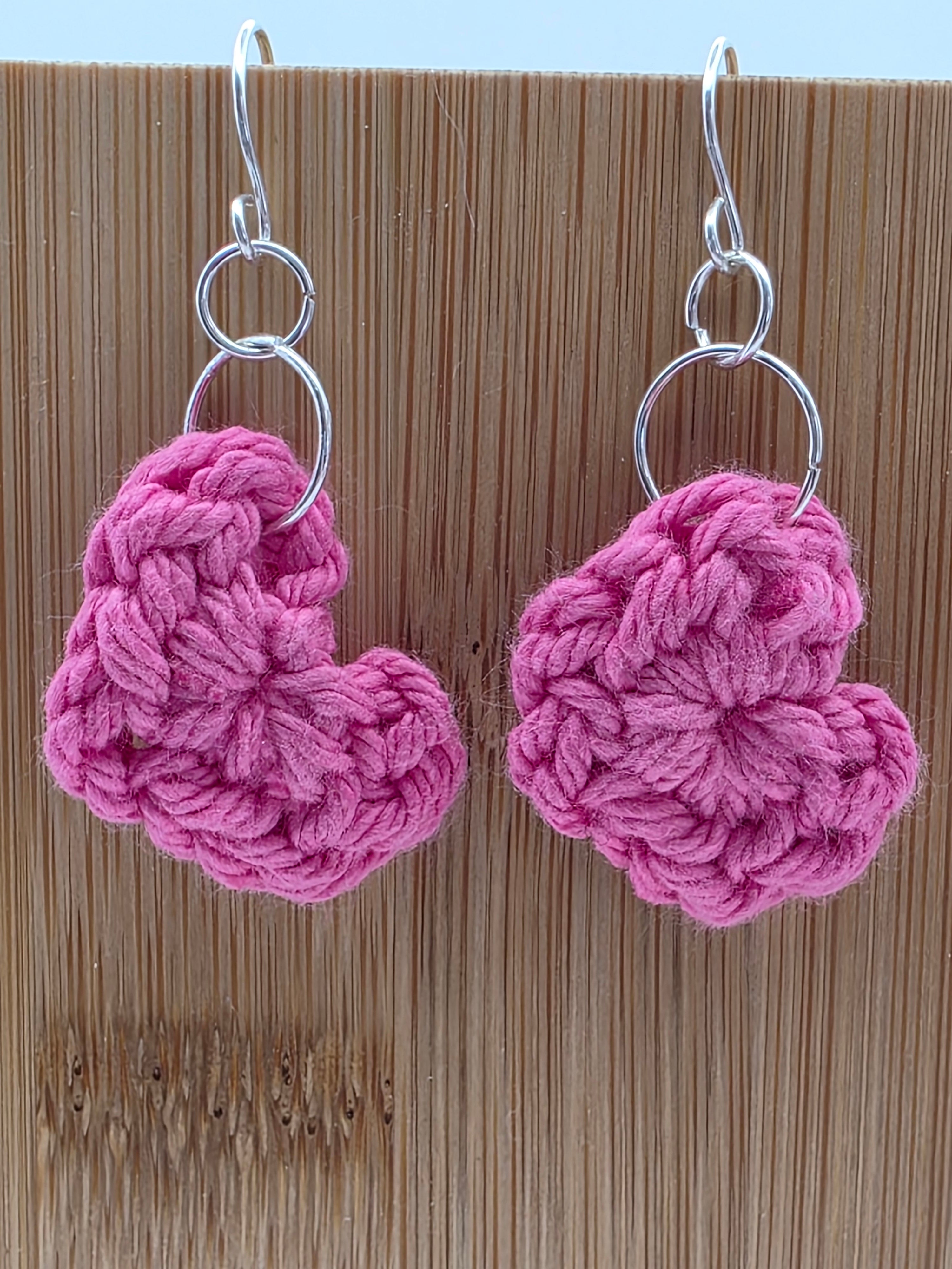 Upcycled Pink Cotton Yarn Heart Earrings on Sterling Silver Hooks