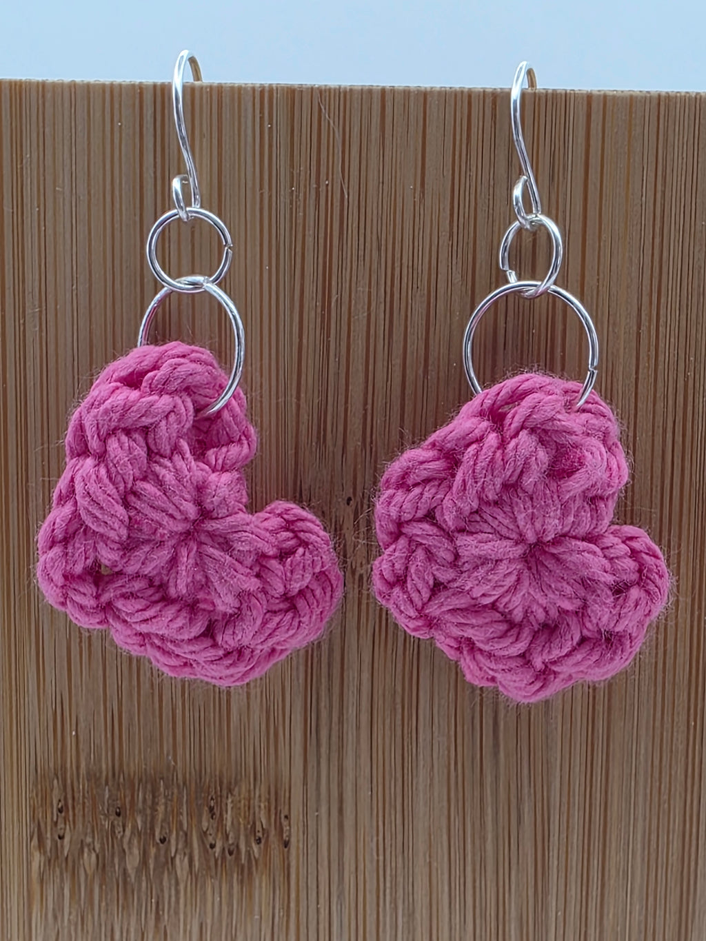 Upcycled Pink Cotton Yarn Heart Earrings on Sterling Silver Hooks