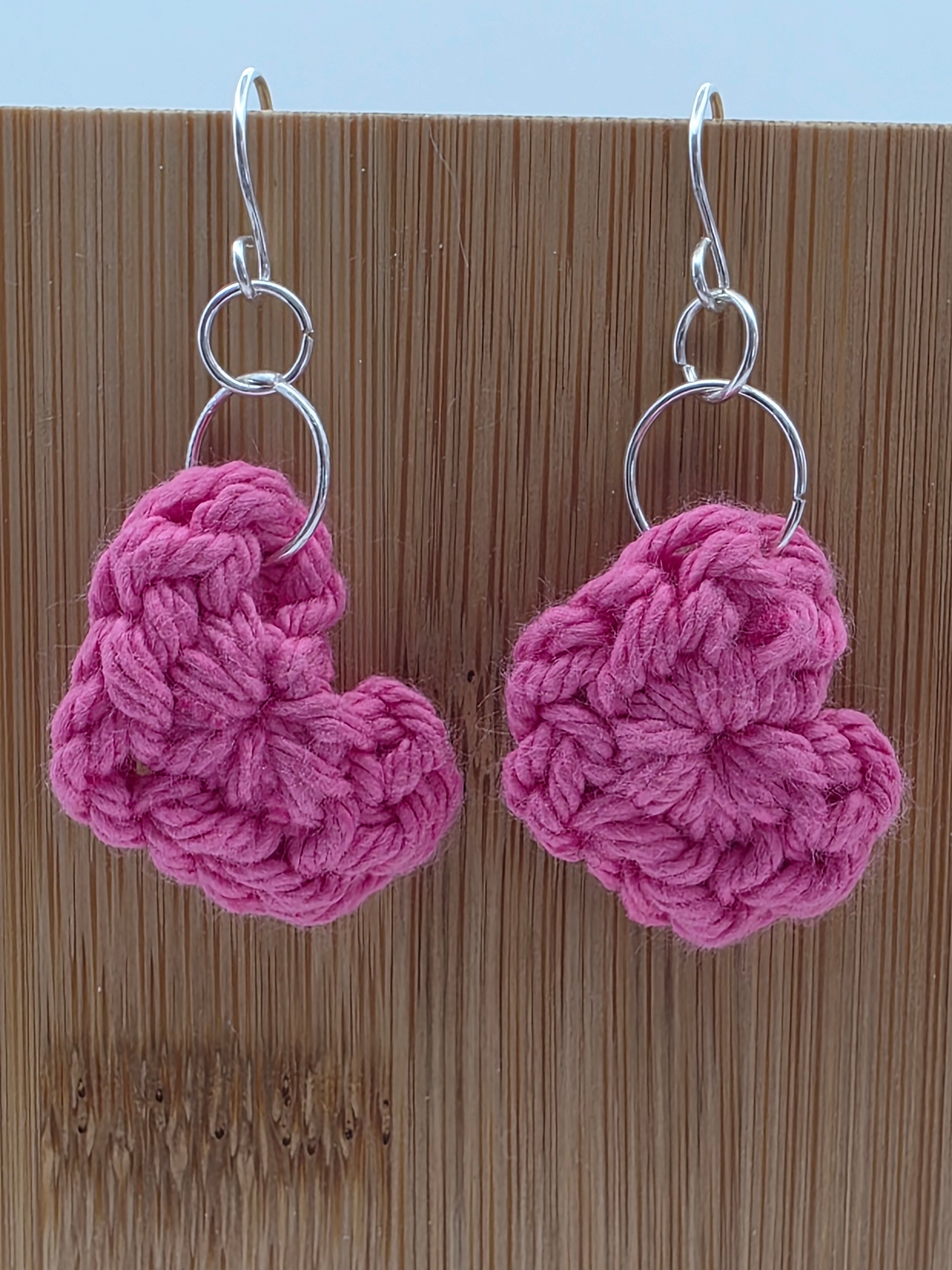 Upcycled Pink Cotton Yarn Heart Earrings on Sterling Silver Hooks