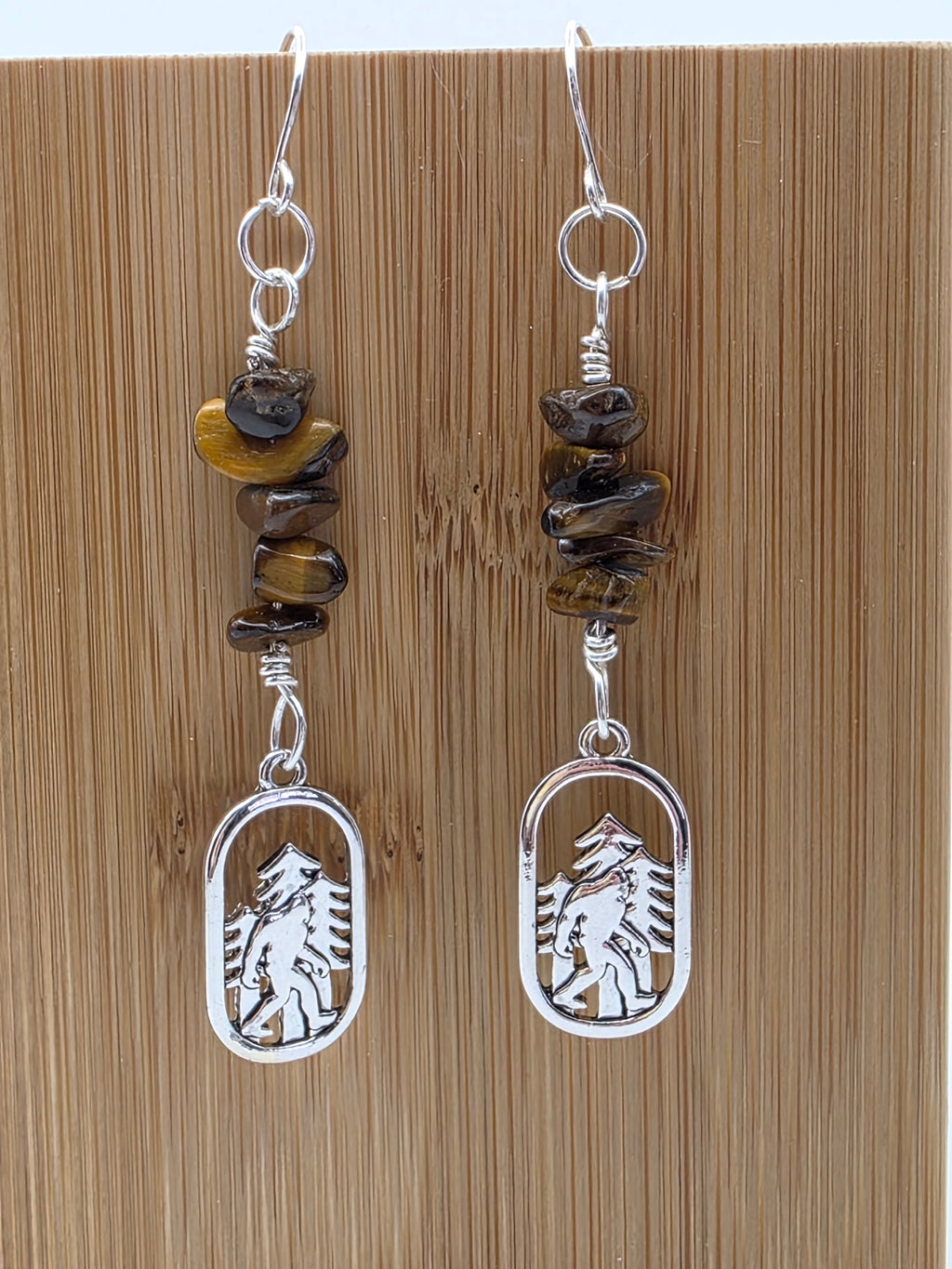 Cryptid Sasquatch Bigfoot Sterling Silver Tiger's Eye Chip Earrings