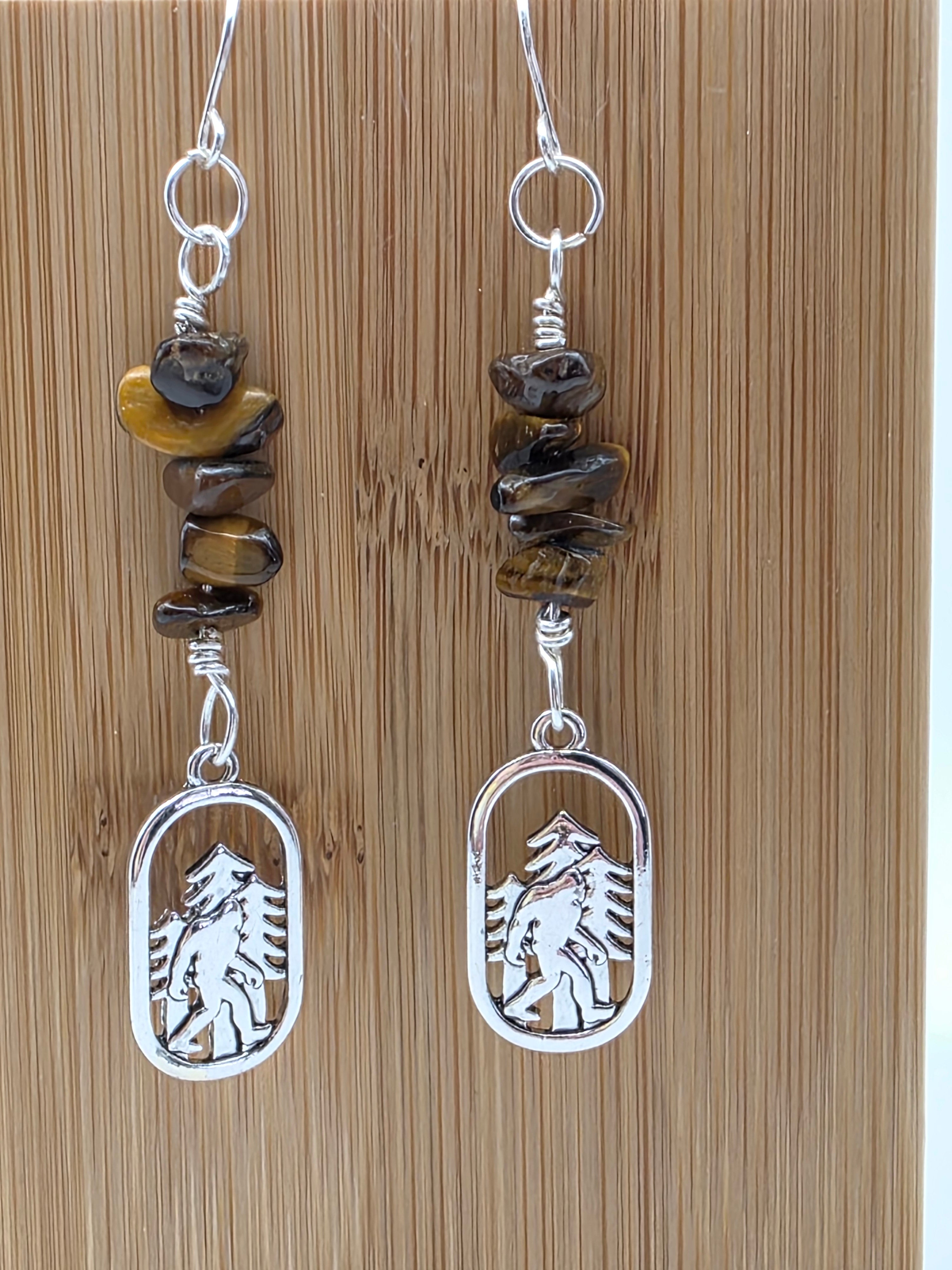 Cryptid Sasquatch Bigfoot Sterling Silver Tiger's Eye Chip Earrings