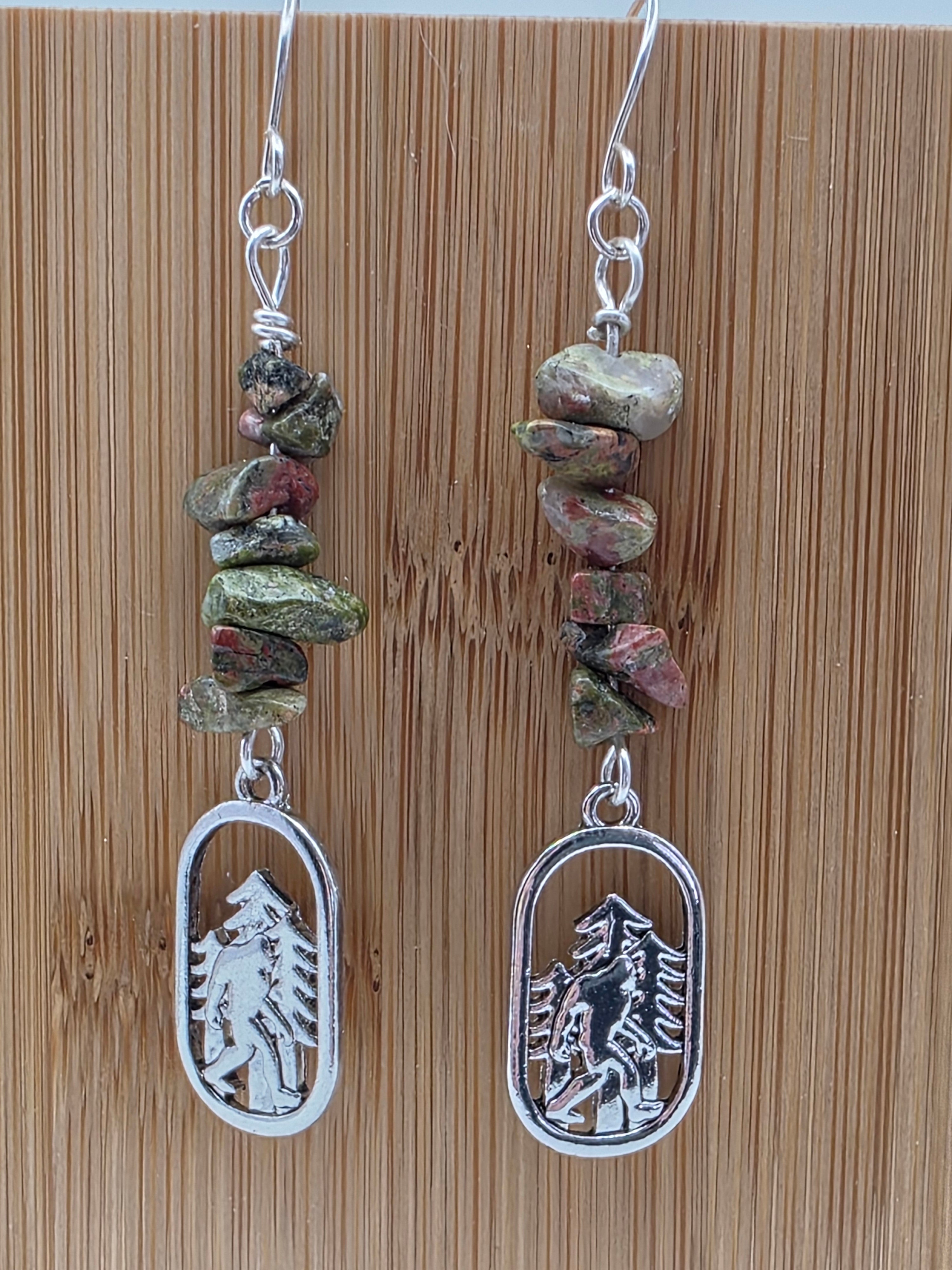 Cryptid Sasquatch Bigfoot Sterling Silver Unakite Chip Earrings