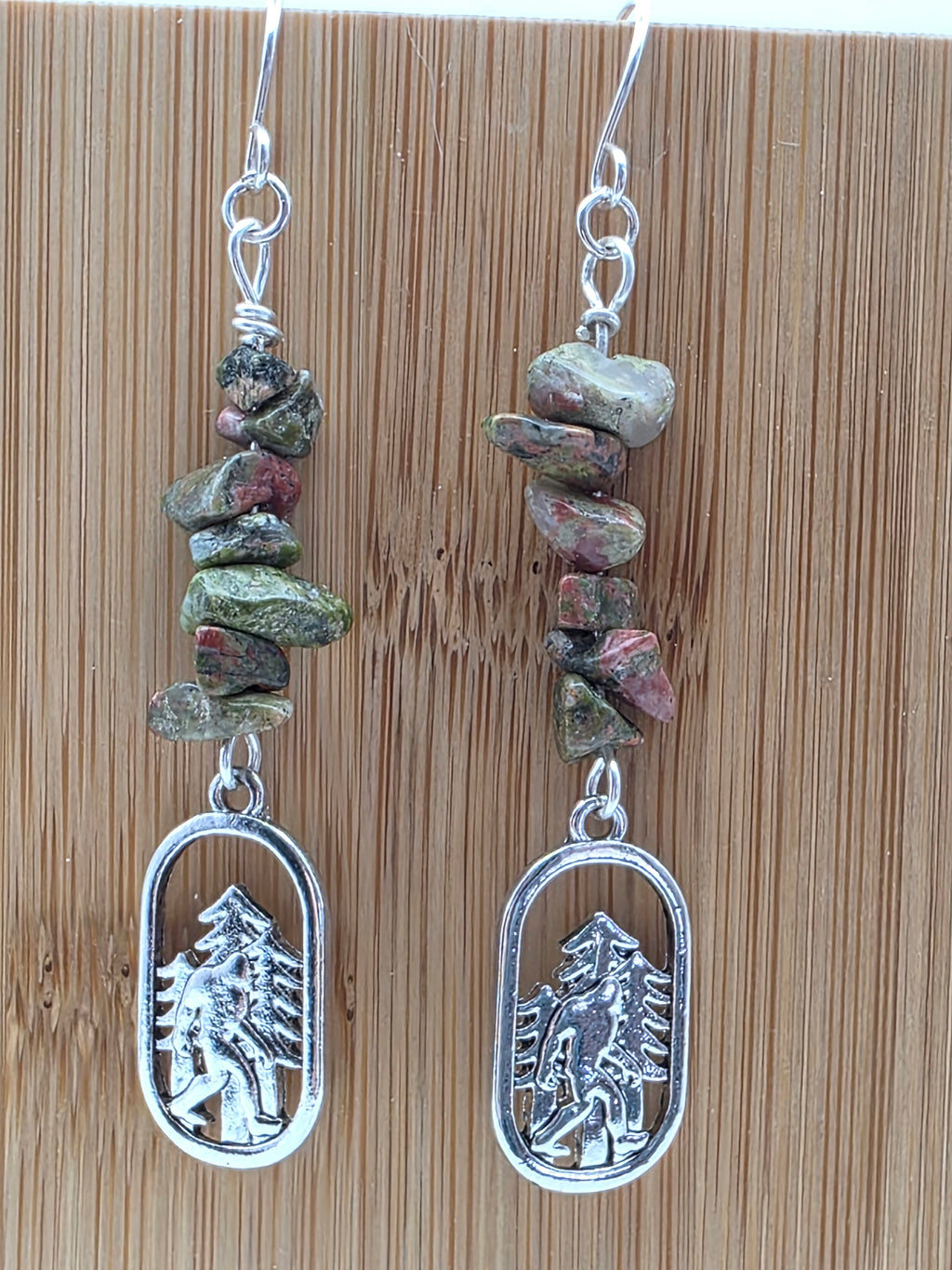 Cryptid Sasquatch Bigfoot Sterling Silver Unakite Chip Earrings