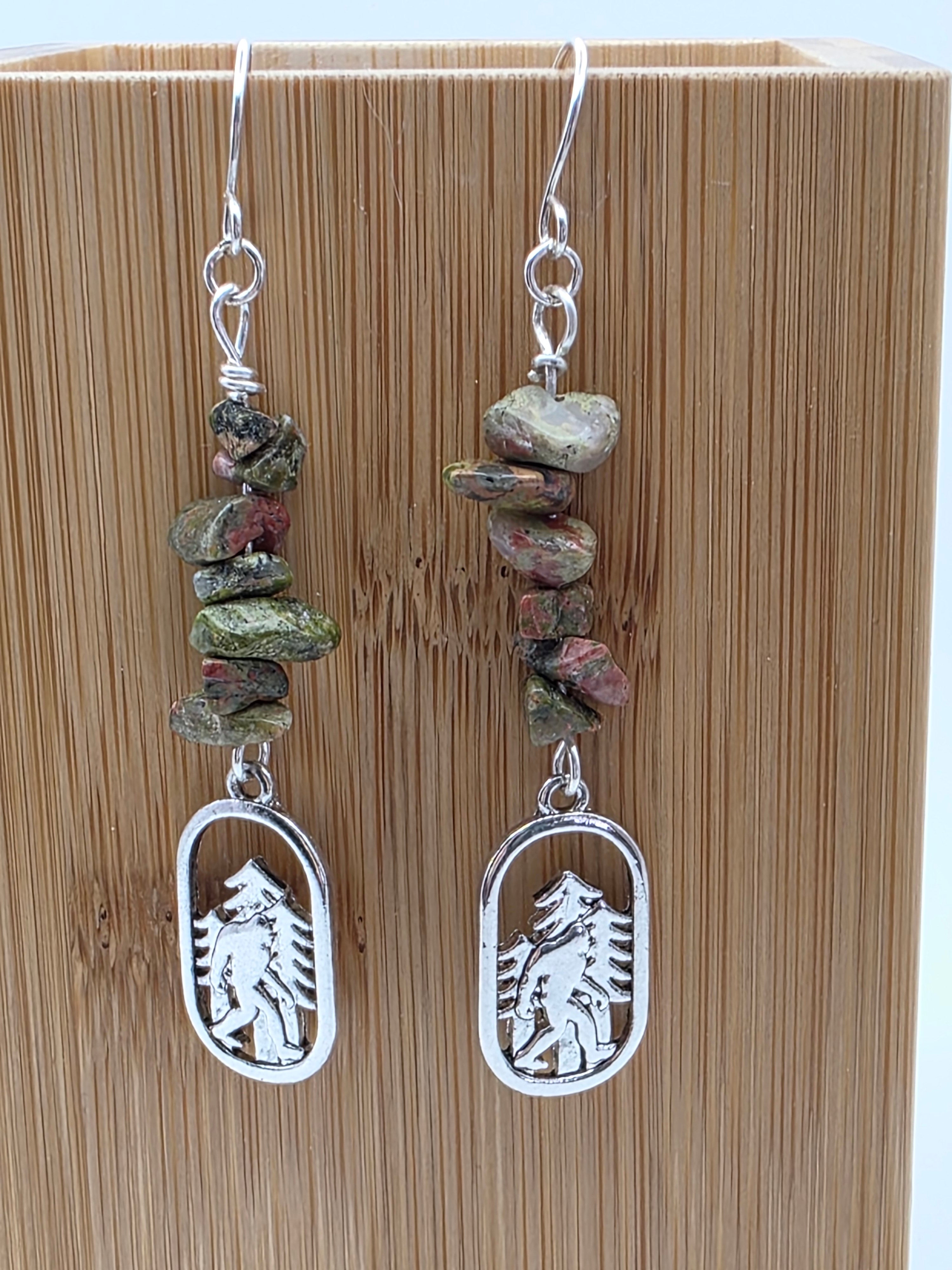Cryptid Sasquatch Bigfoot Sterling Silver Unakite Chip Earrings