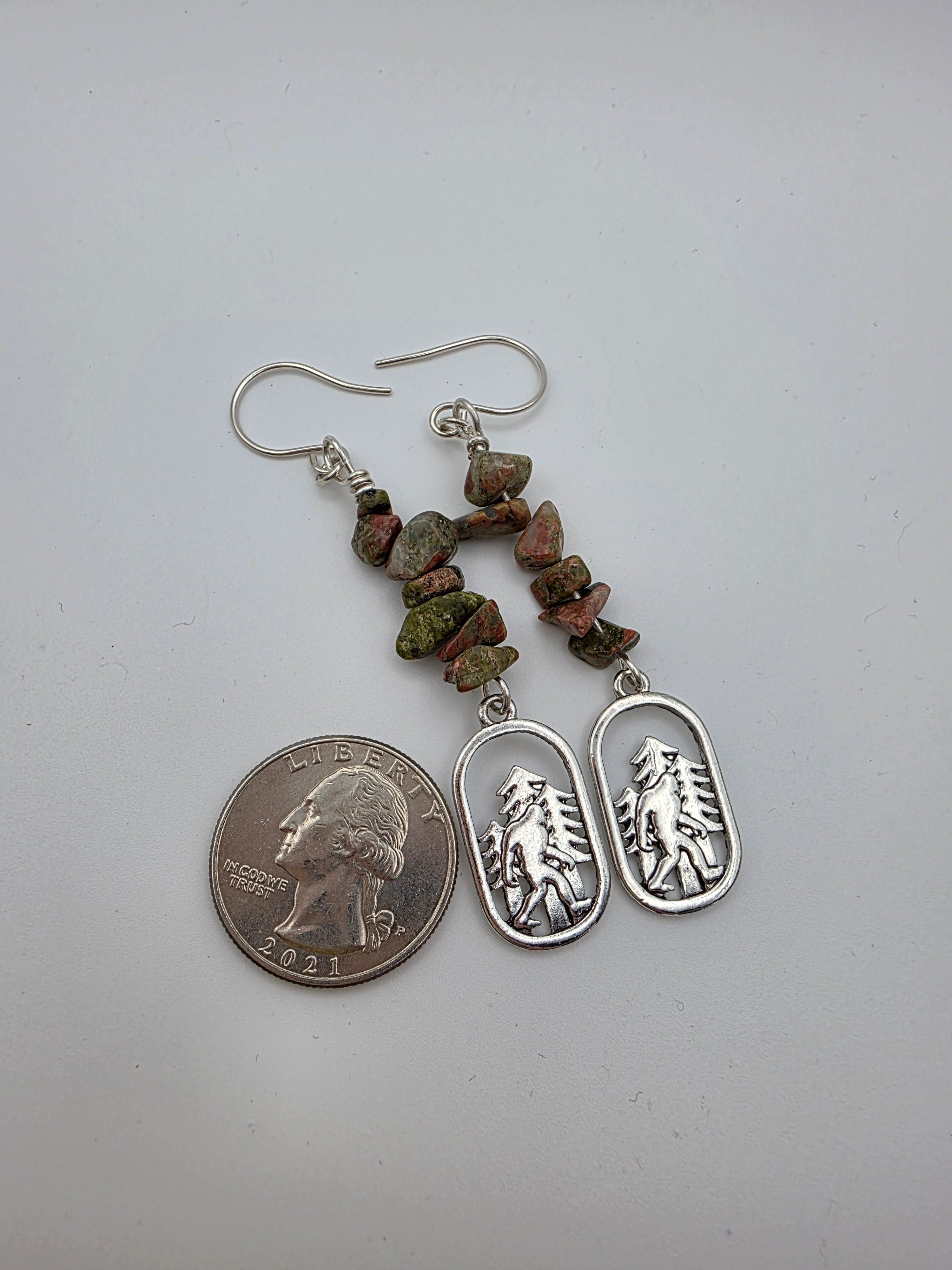 Cryptid Sasquatch Bigfoot Sterling Silver Unakite Chip Earrings