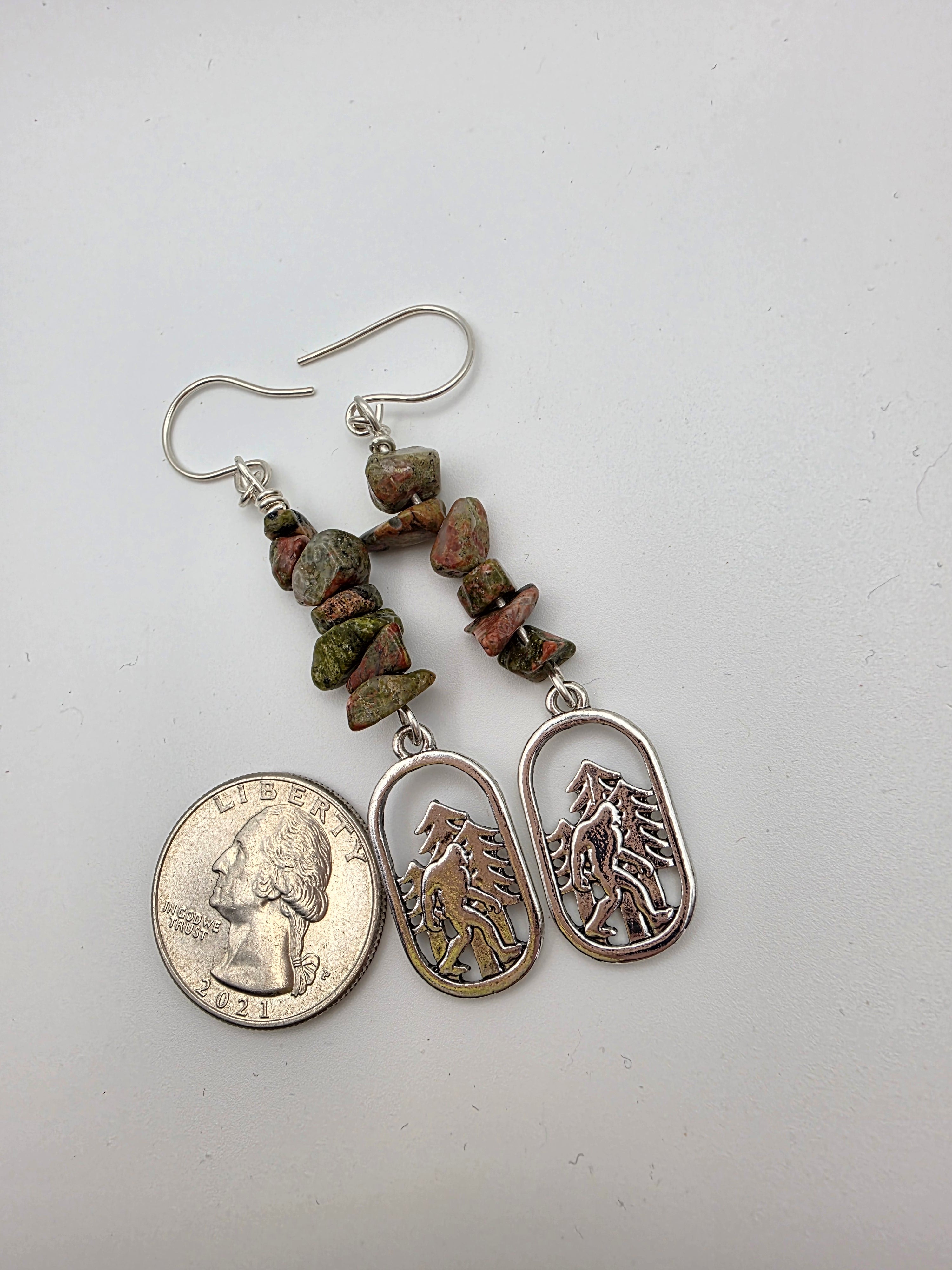 Cryptid Sasquatch Bigfoot Sterling Silver Unakite Chip Earrings