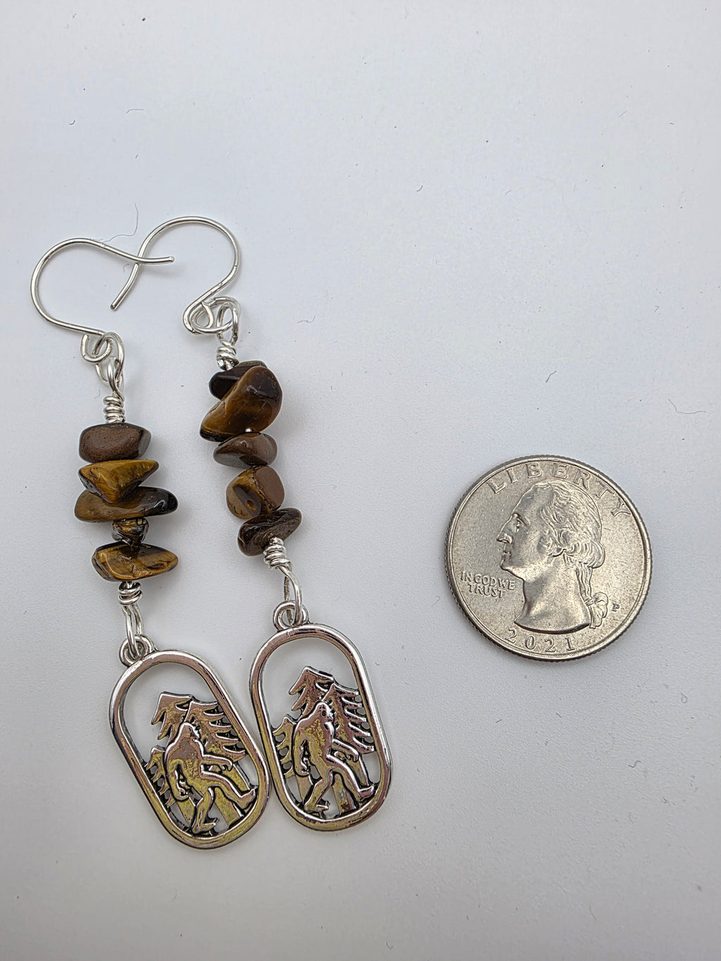 Cryptid Sasquatch Bigfoot Sterling Silver Tiger's Eye Chip Earrings
