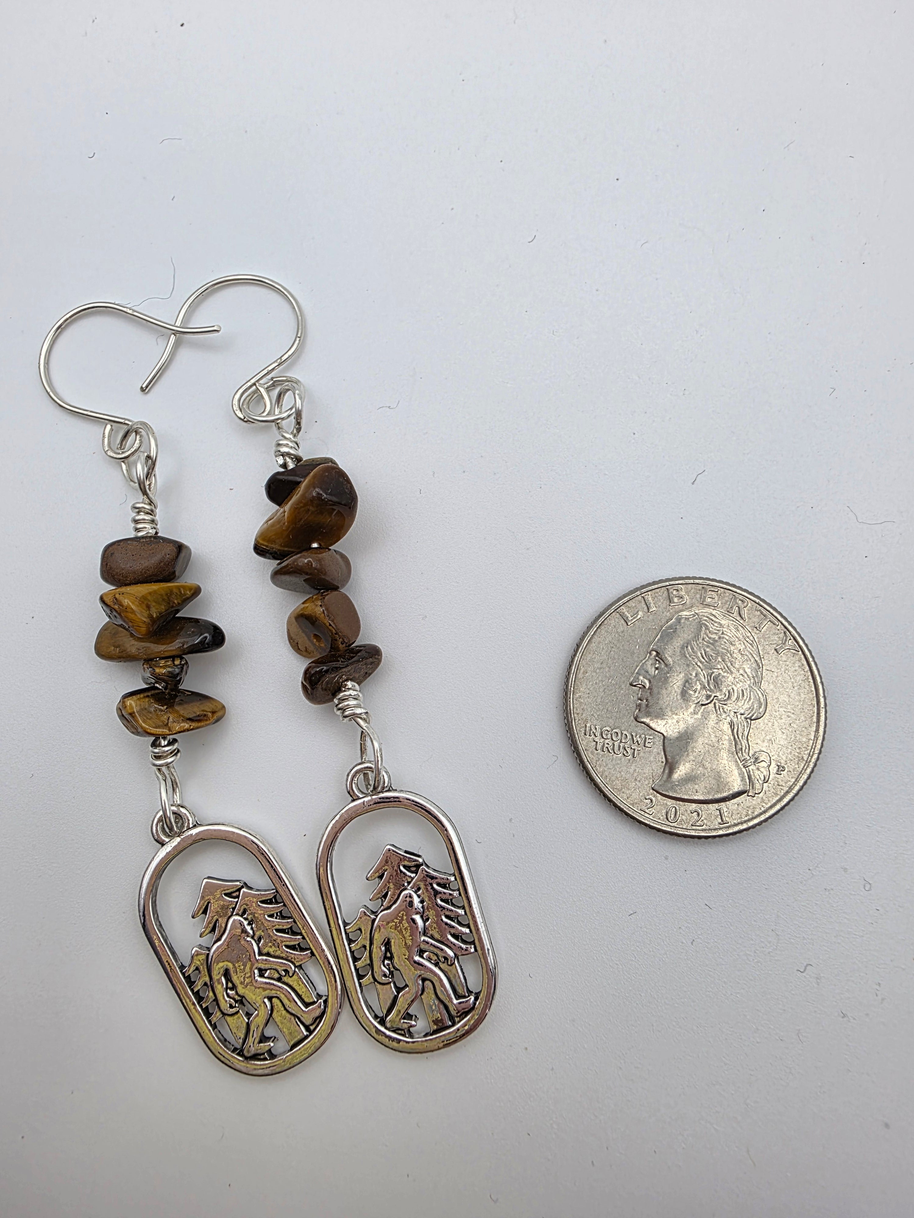 Cryptid Sasquatch Bigfoot Sterling Silver Tiger's Eye Chip Earrings