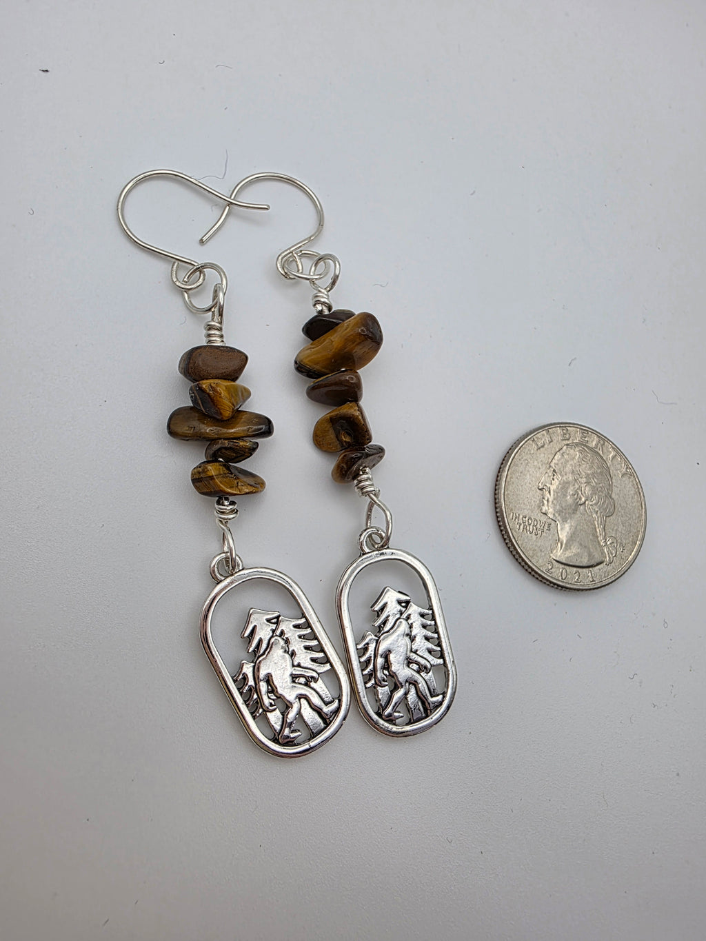 Cryptid Sasquatch Bigfoot Sterling Silver Tiger's Eye Chip Earrings