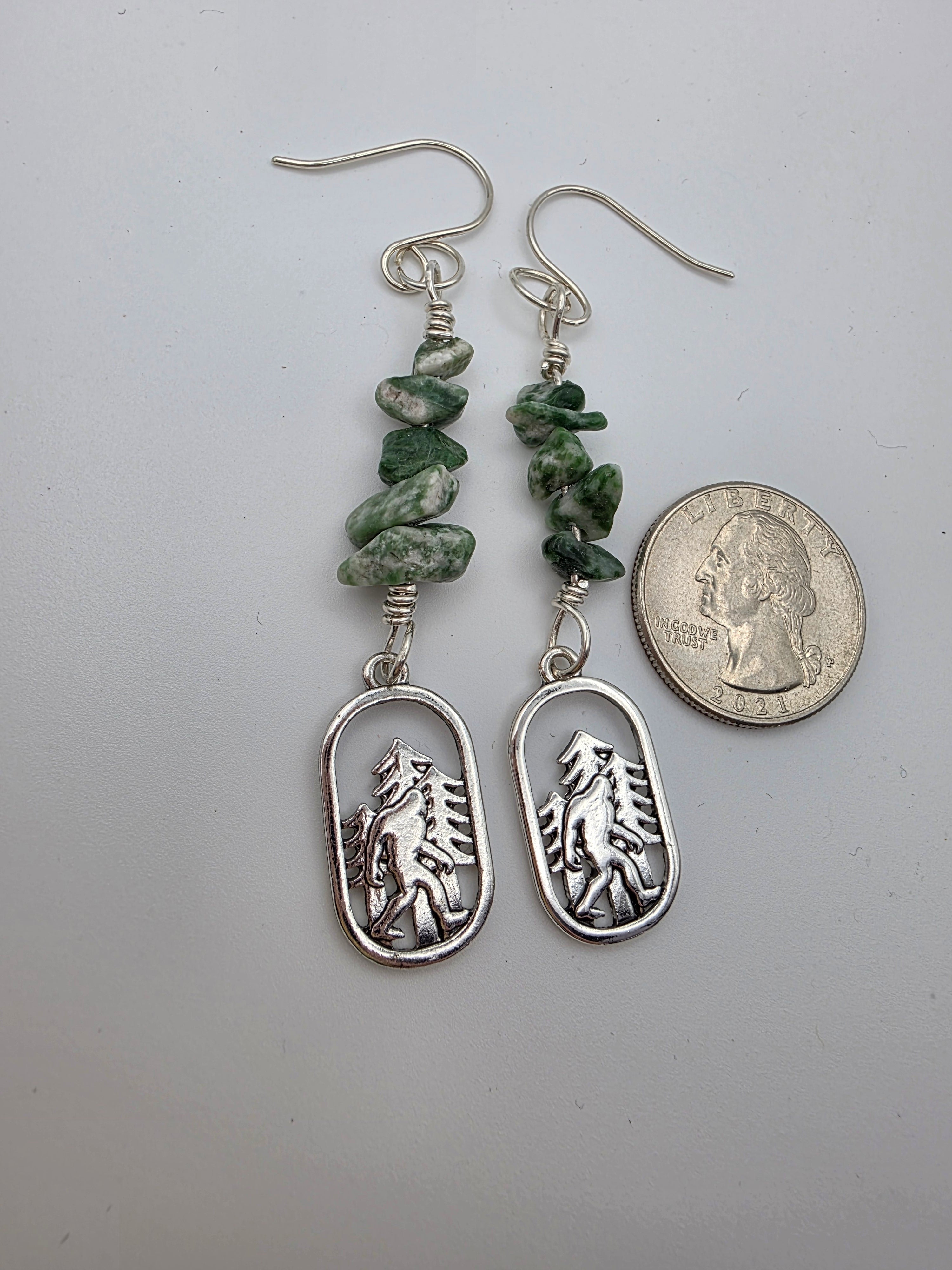 Cryptid Sasquatch Bigfoot Sterling Silver Moss Agate Chip Earrings