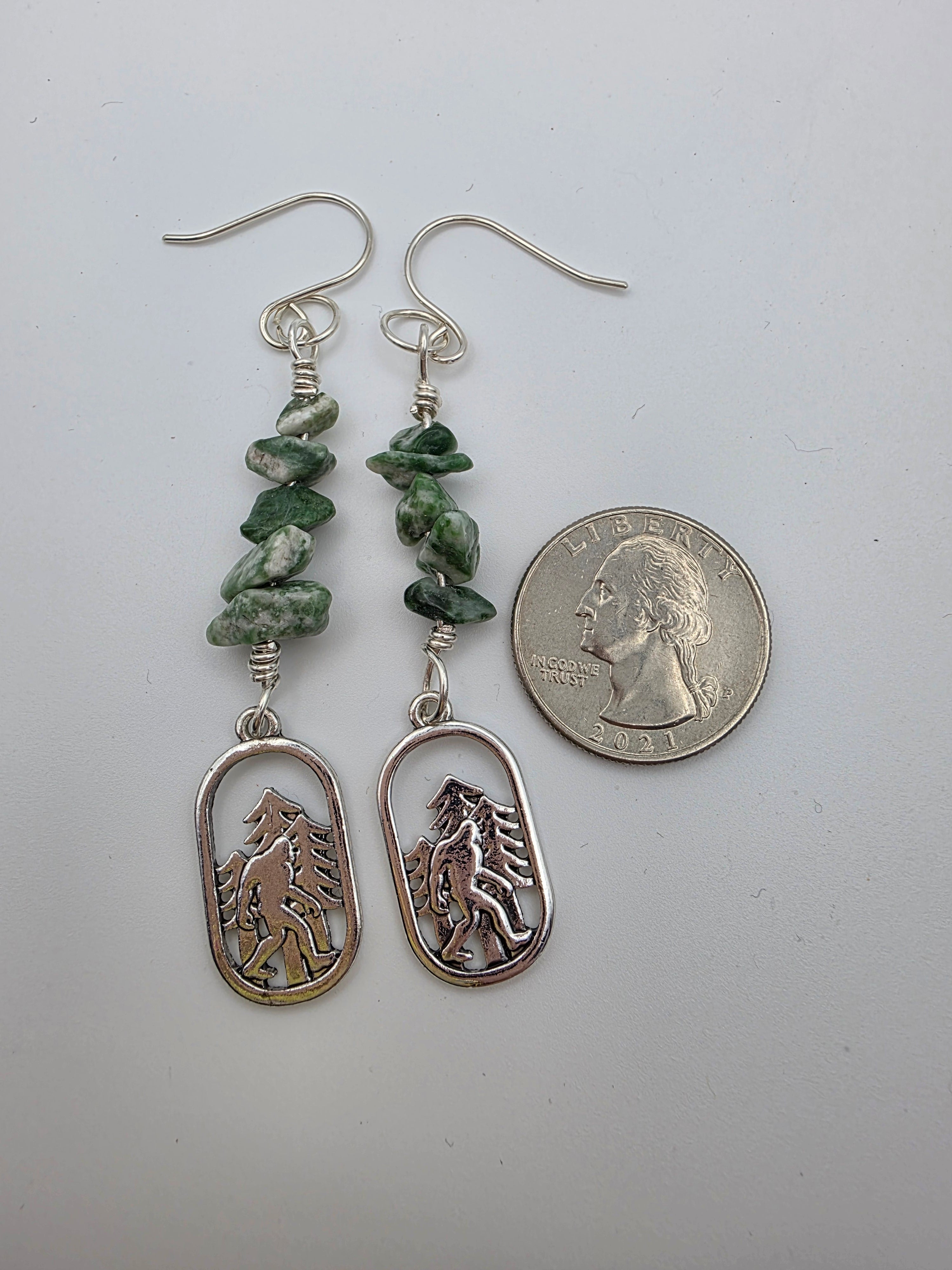 Cryptid Sasquatch Bigfoot Sterling Silver Moss Agate Chip Earrings
