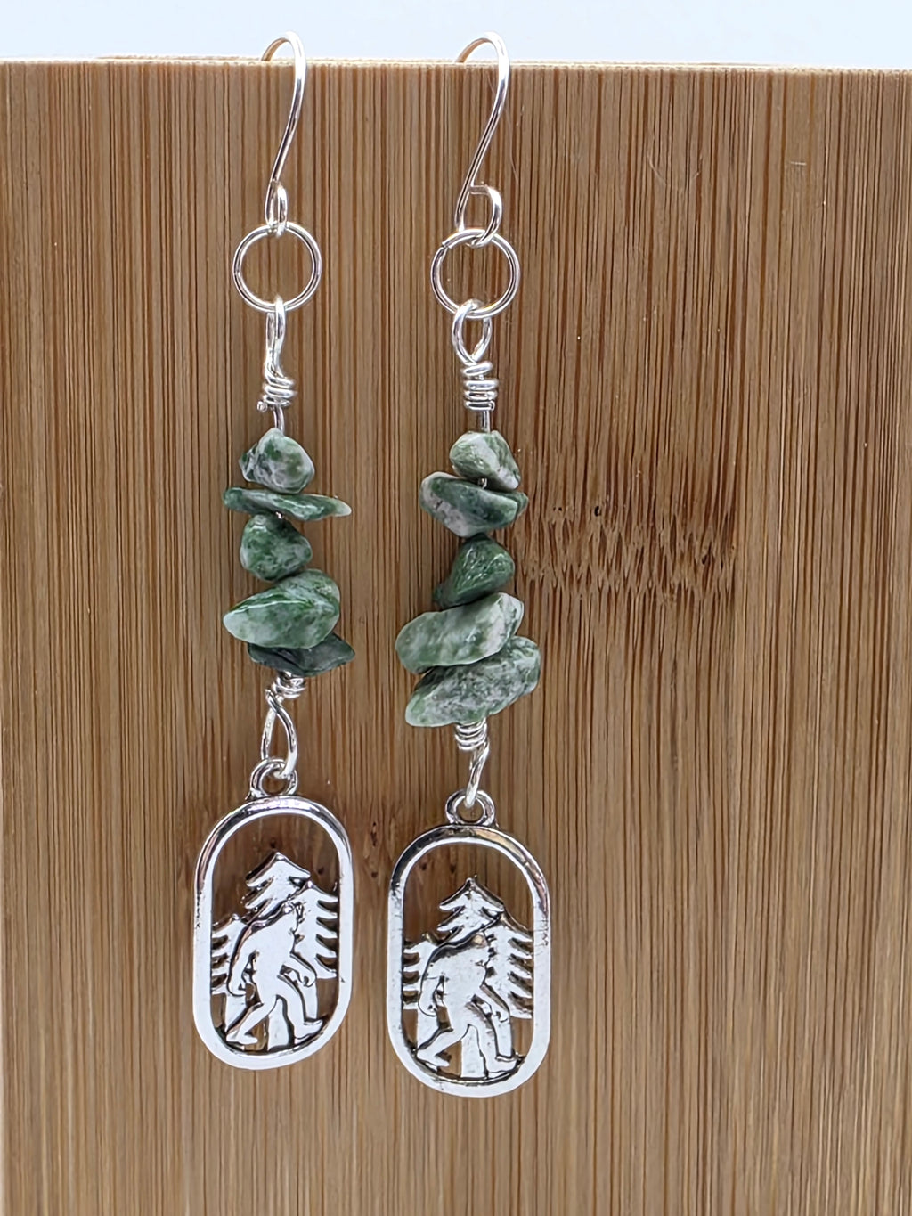 Cryptid Sasquatch Bigfoot Sterling Silver Moss Agate Chip Earrings