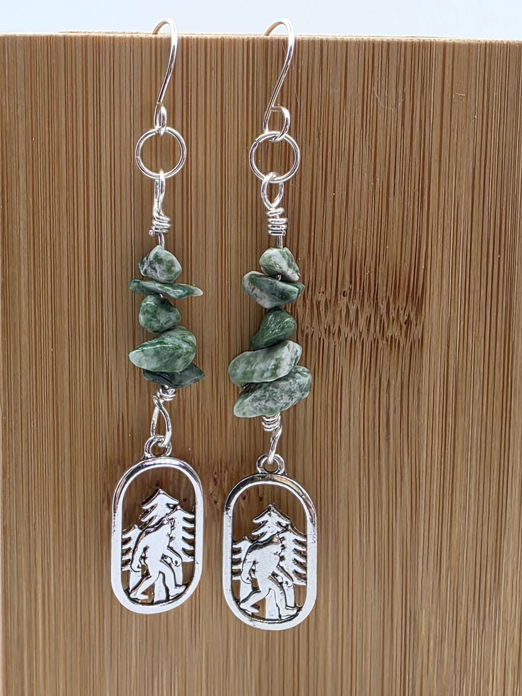 Cryptid Sasquatch Bigfoot Sterling Silver Moss Agate Chip Earrings