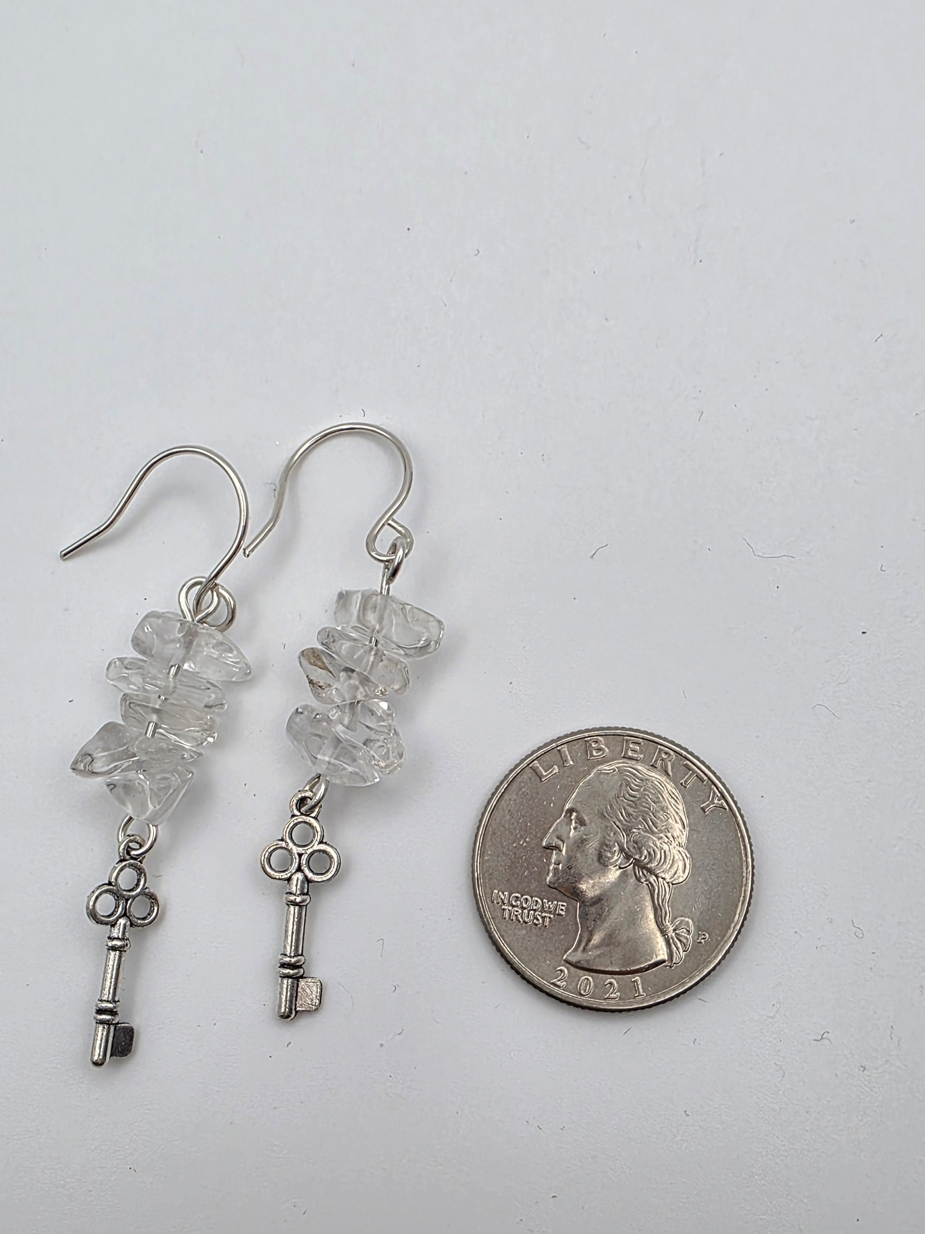 Clear Quartz Chip Earrings on Sterling Silver Wire with Key Charms