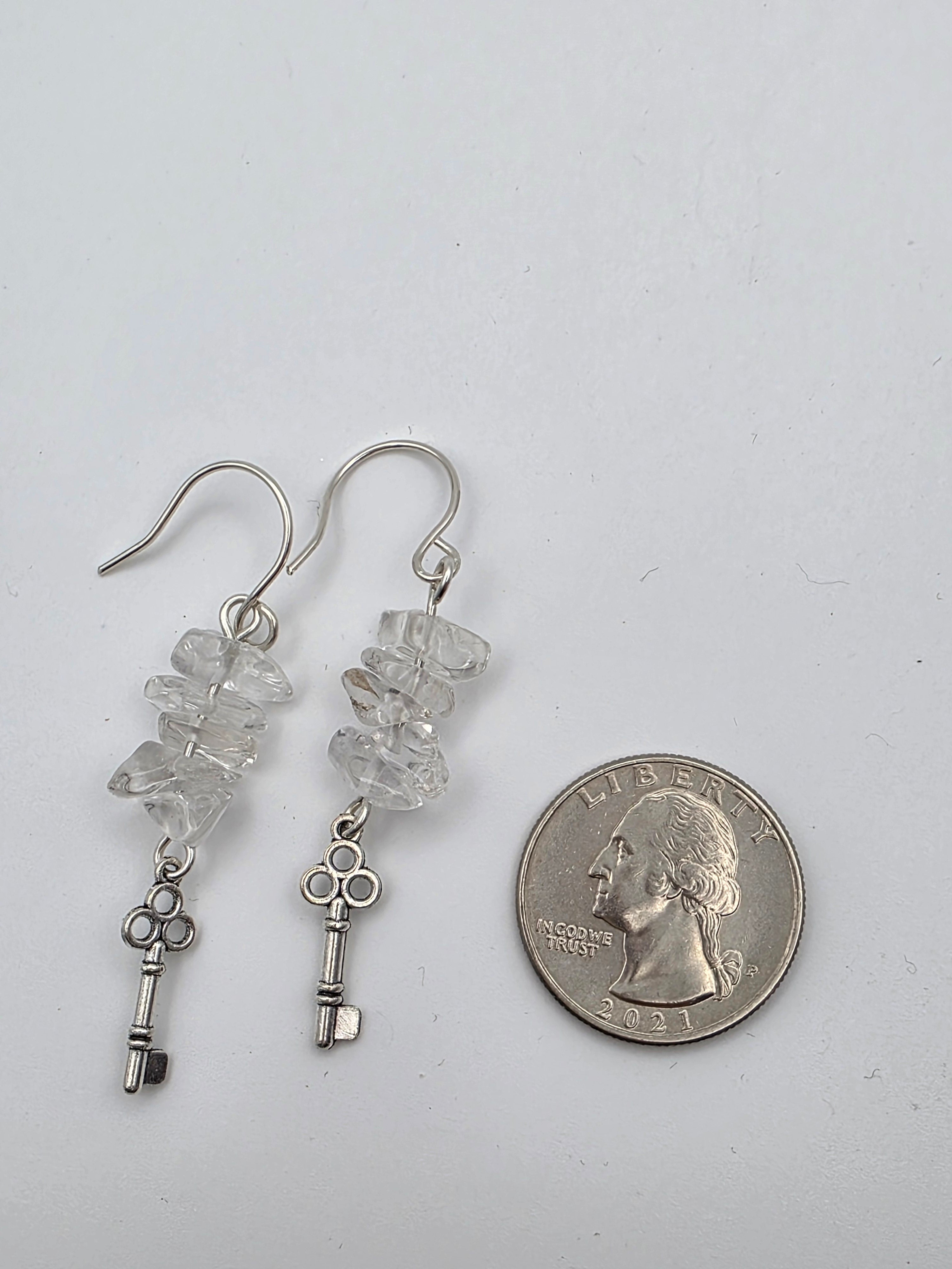 Clear Quartz Chip Earrings on Sterling Silver Wire with Key Charms