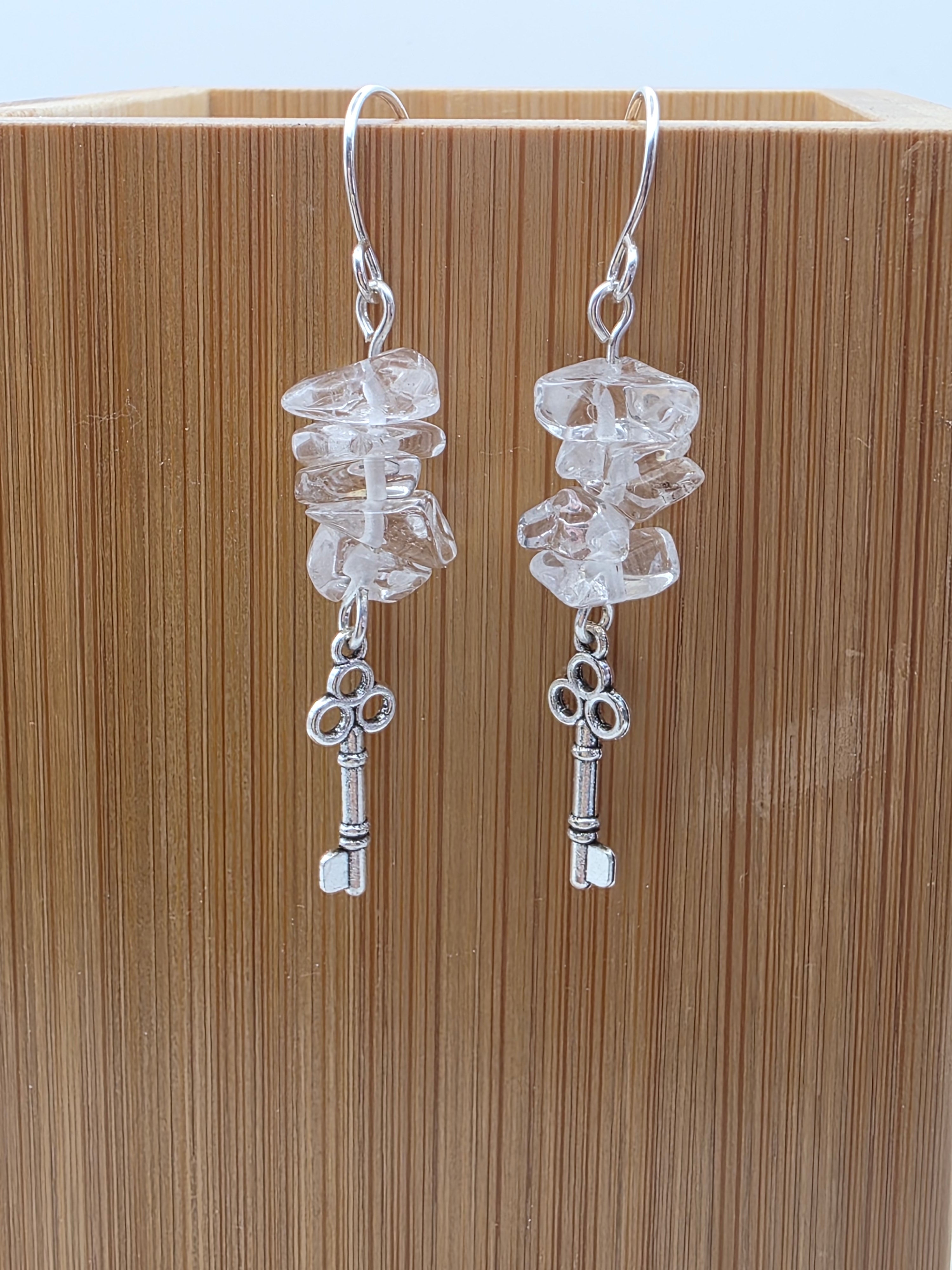 Clear Quartz Chip Earrings on Sterling Silver Wire with Key Charms