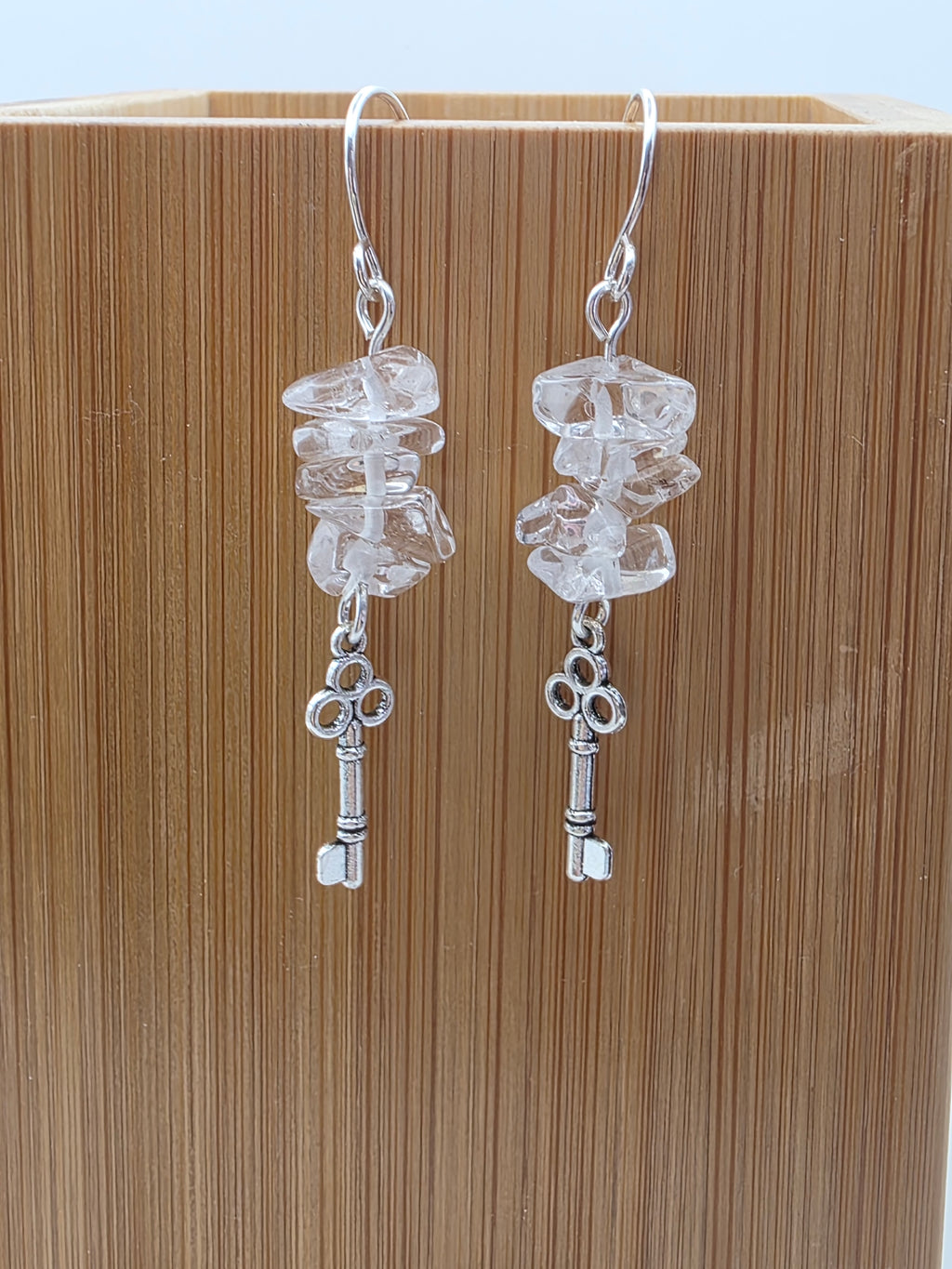 Clear Quartz Chip Earrings on Sterling Silver Wire with Key Charms