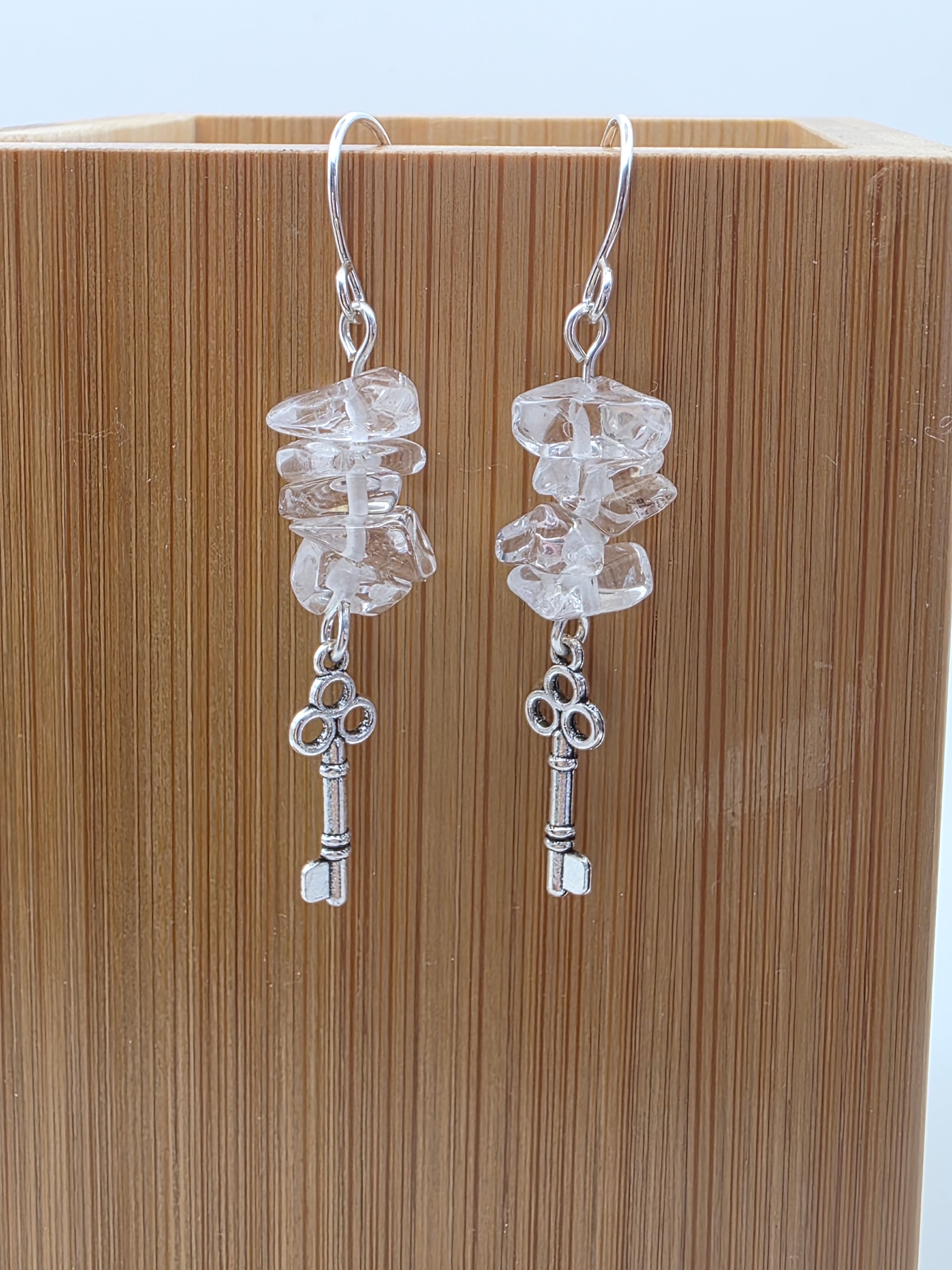Clear Quartz Chip Earrings on Sterling Silver Wire with Key Charms
