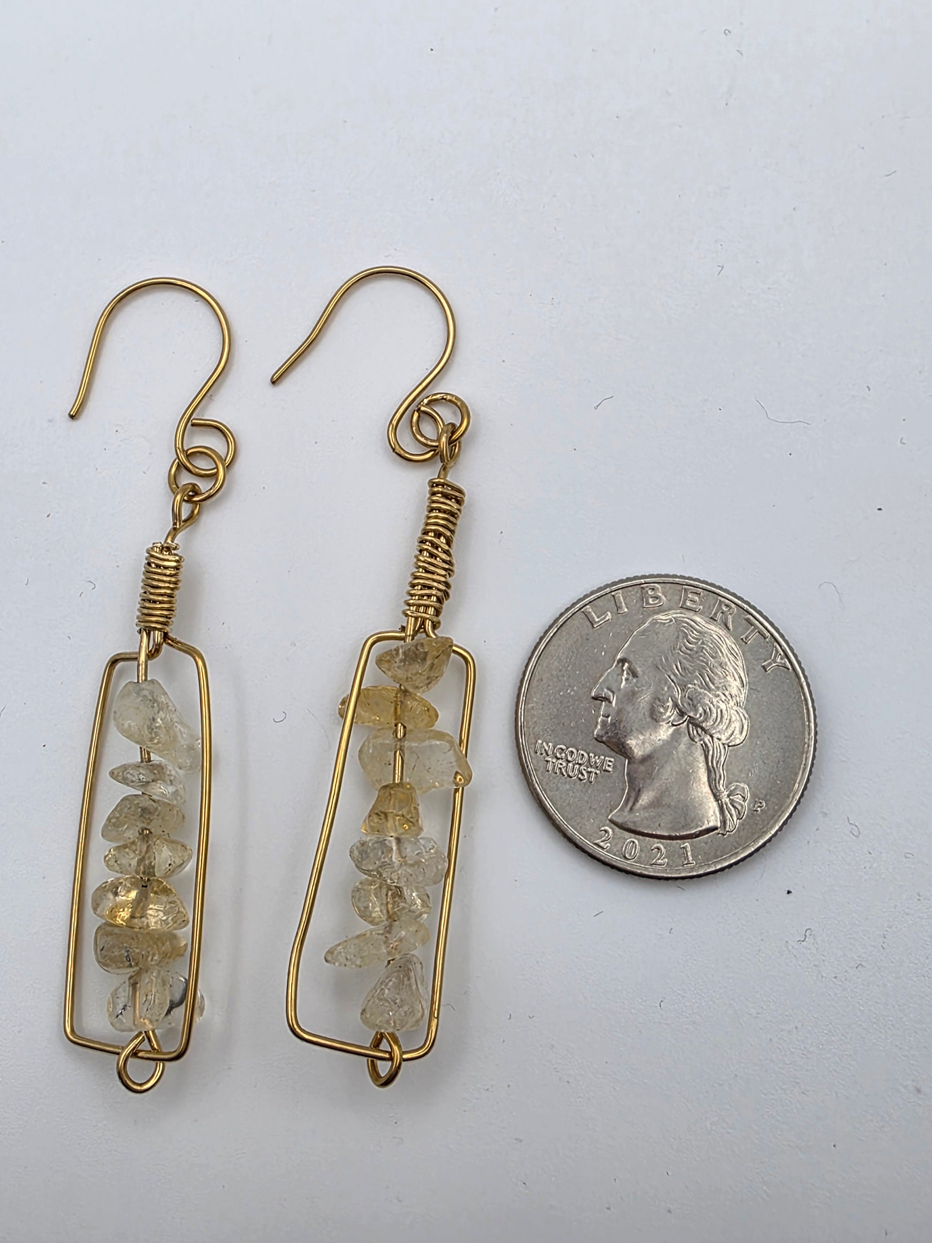 Brass Golden Rutilated Quartz Wire Wrapped "Everything happens for a Riesling" Wine Bottle Earrings