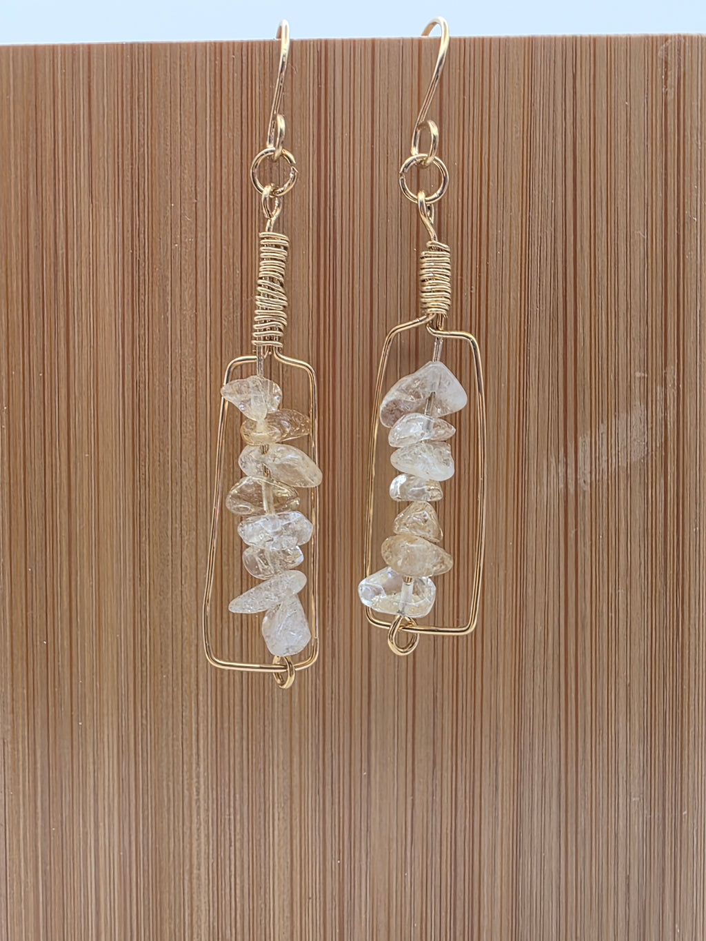 Brass Golden Rutilated Quartz Wire Wrapped "Everything happens for a Riesling" Wine Bottle Earrings