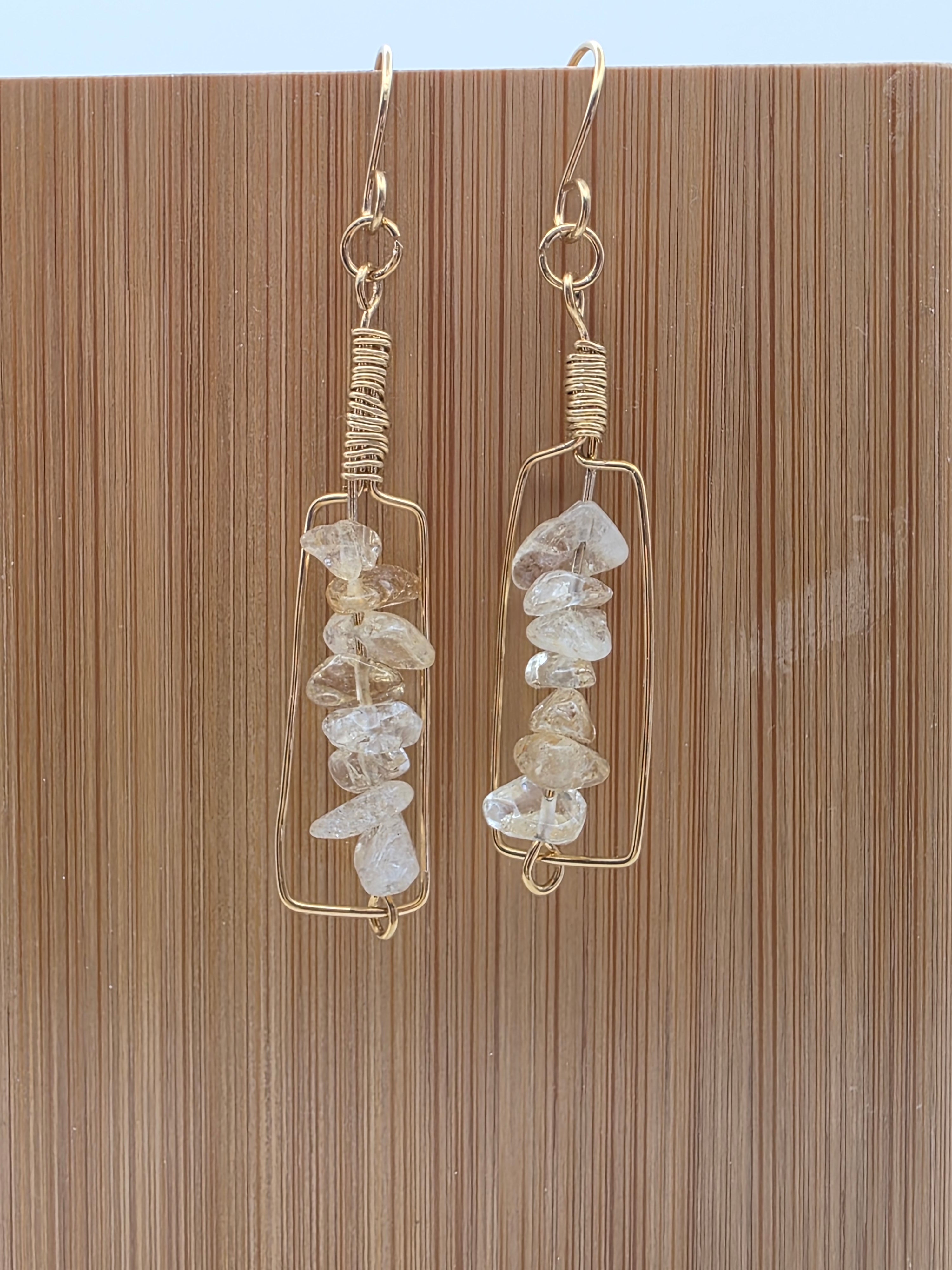 Brass Golden Rutilated Quartz Wire Wrapped "Everything happens for a Riesling" Wine Bottle Earrings