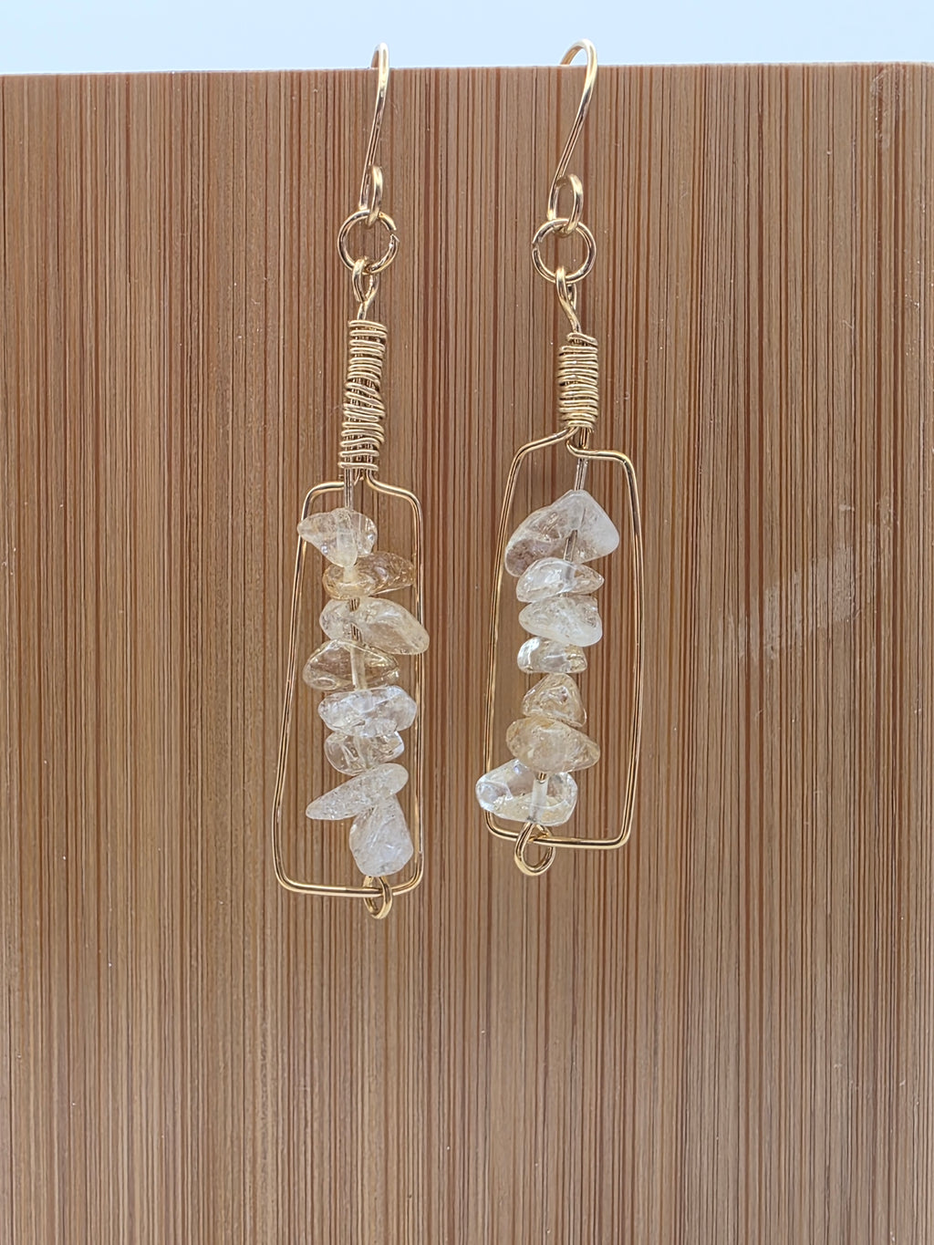 Brass Golden Rutilated Quartz Wire Wrapped "Everything happens for a Riesling" Wine Bottle Earrings