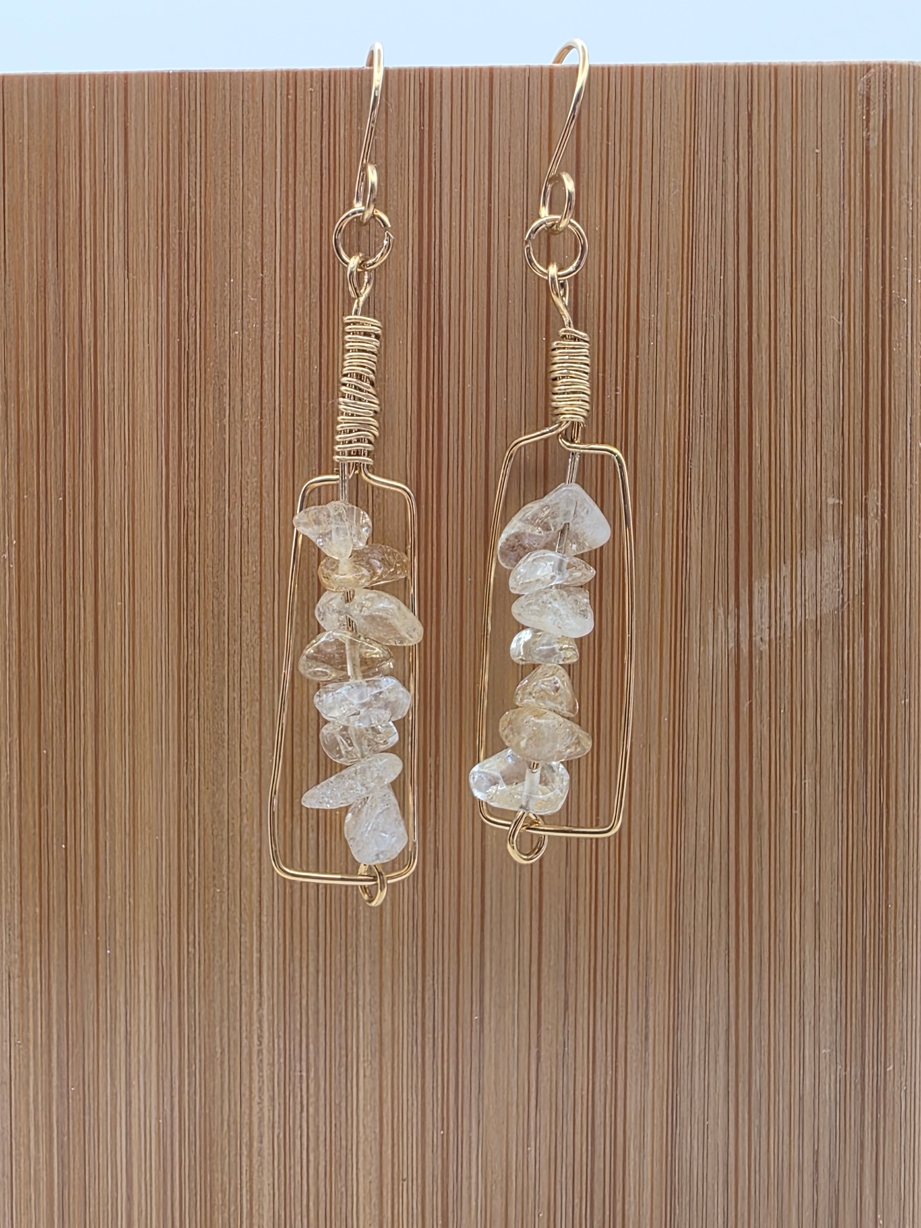 Brass Golden Rutilated Quartz Wire Wrapped "Everything happens for a Riesling" Wine Bottle Earrings