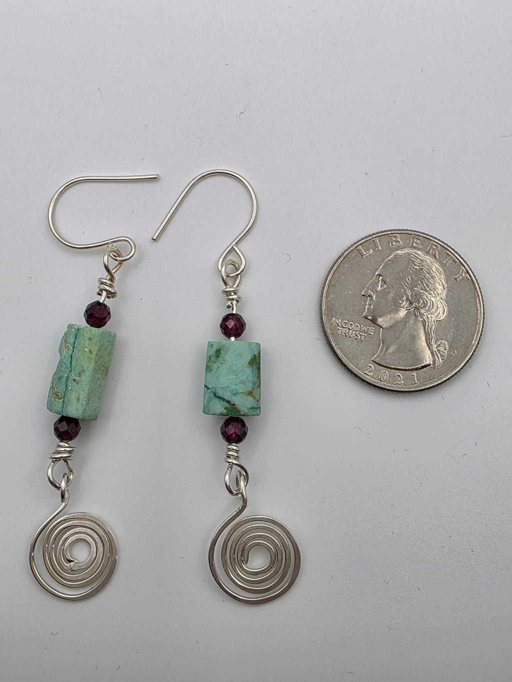 Rough Turquoise Sterling Silver Earrings with Tiny Garnet Accent Beads and Hammered Spiral