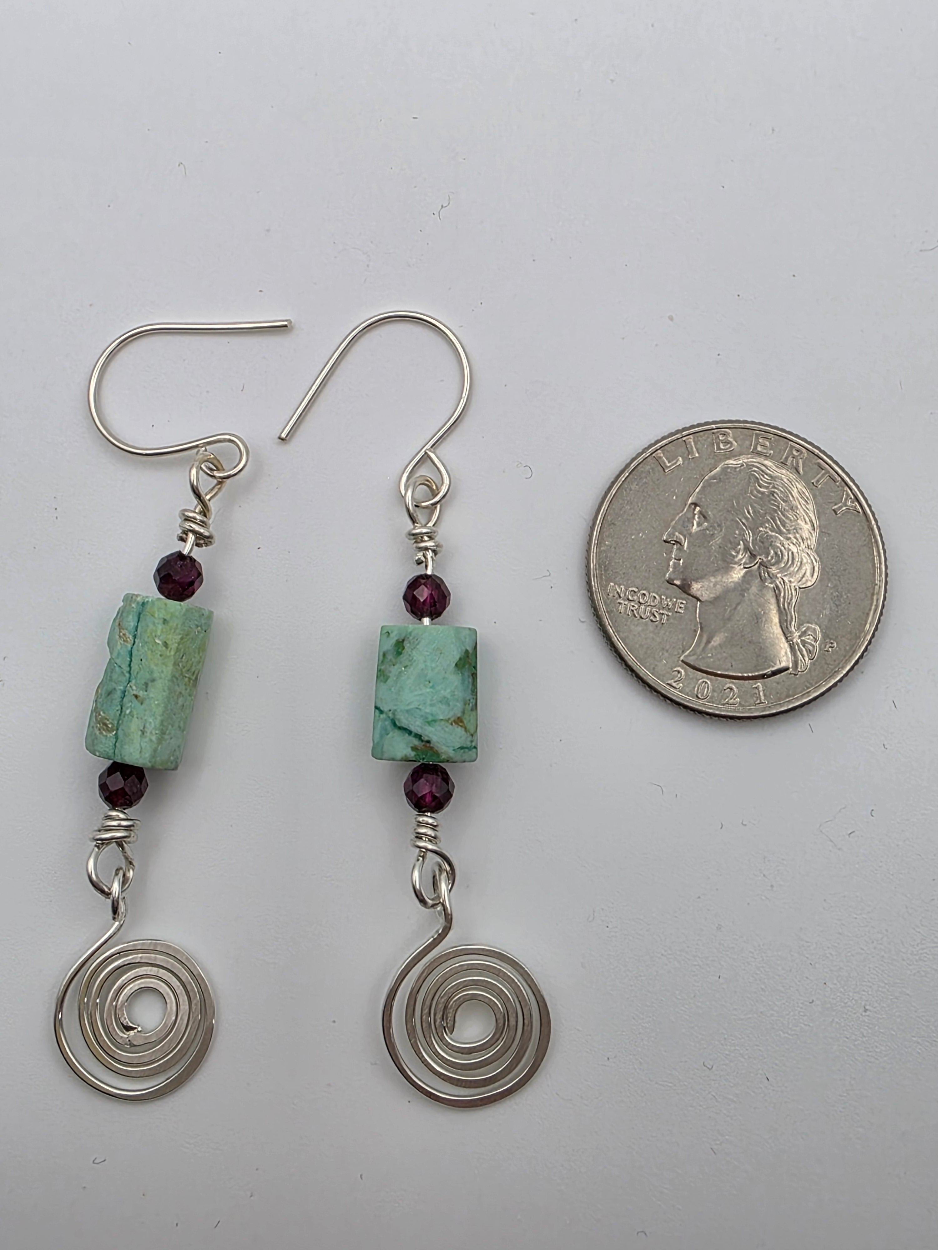 Rough Turquoise Sterling Silver Earrings with Tiny Garnet Accent Beads and Hammered Spiral