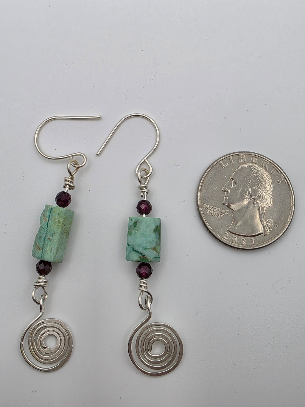 Rough Turquoise Sterling Silver Earrings with Tiny Garnet Accent Beads and Hammered Spiral