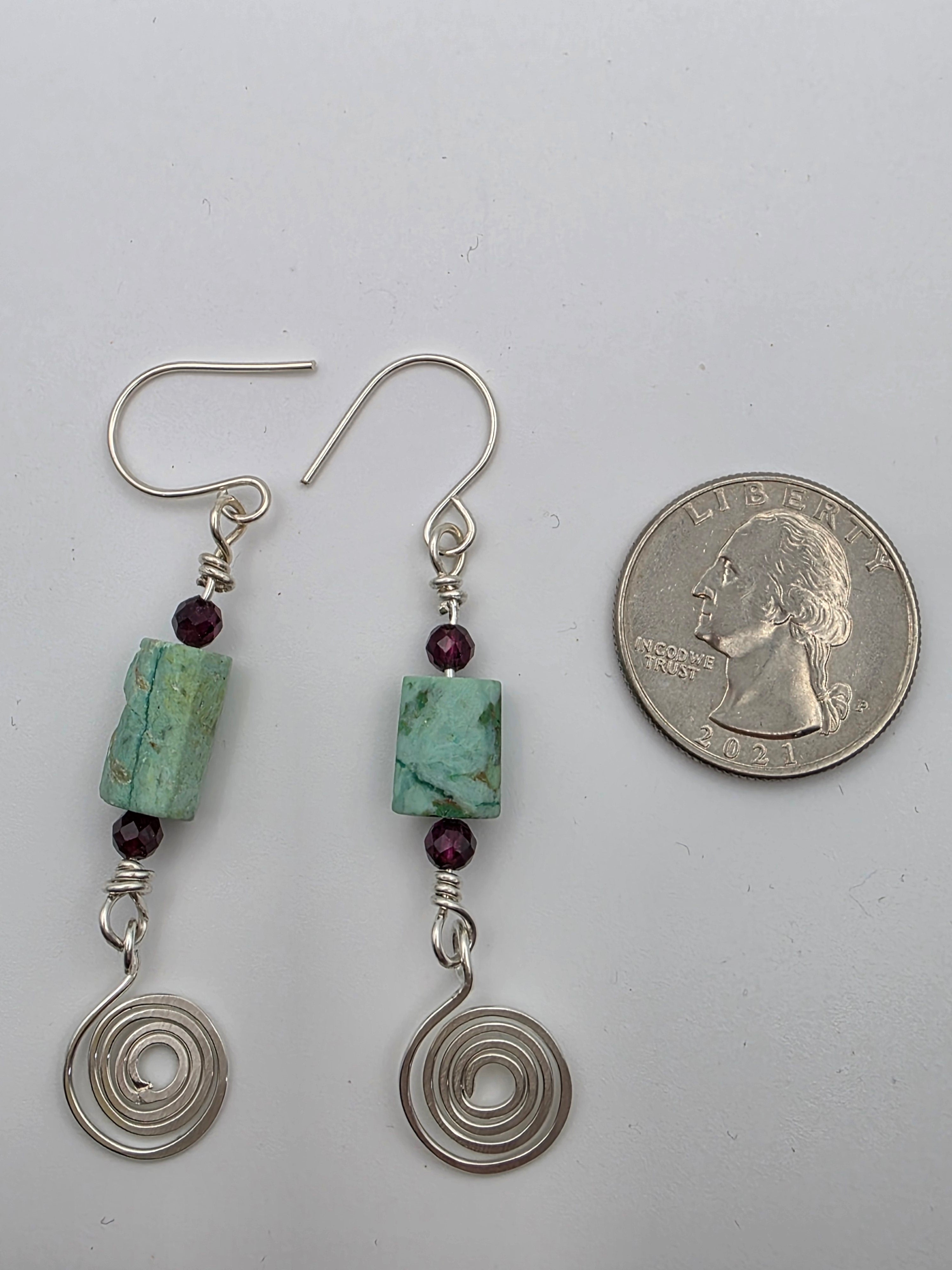 Rough Turquoise Sterling Silver Earrings with Tiny Garnet Accent Beads and Hammered Spiral