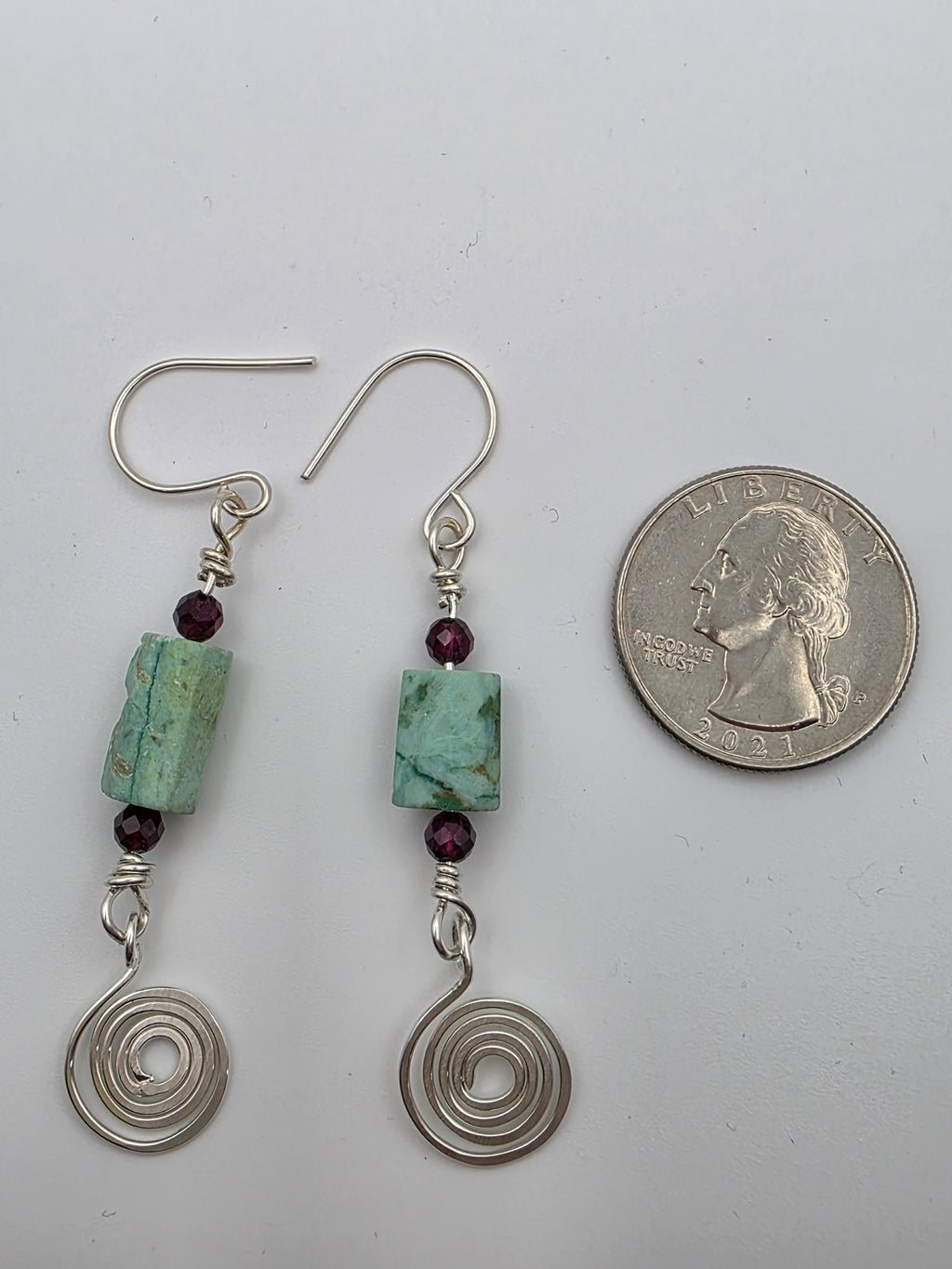Rough Turquoise Sterling Silver Earrings with Tiny Garnet Accent Beads and Hammered Spiral