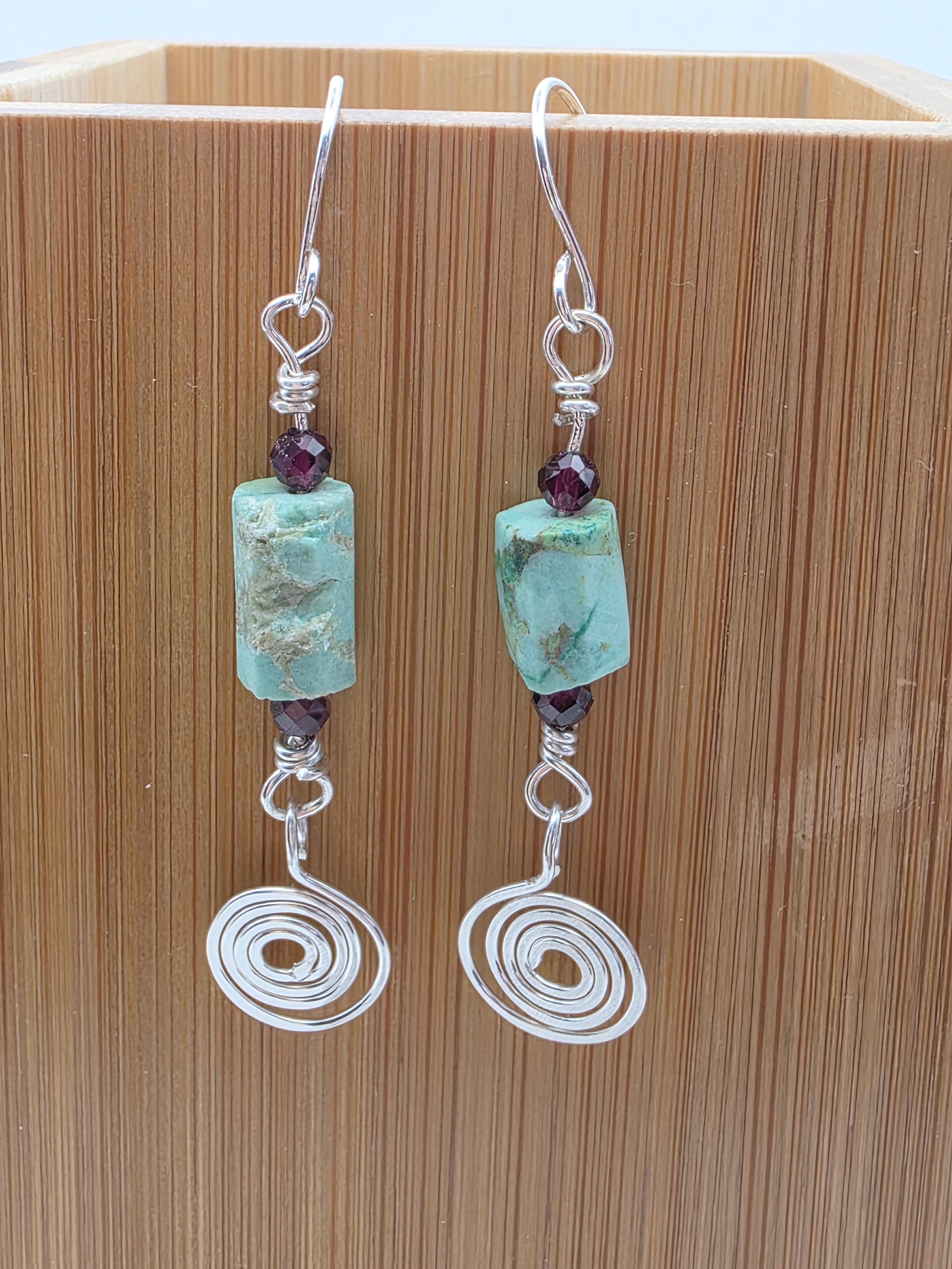 Rough Turquoise Sterling Silver Earrings with Tiny Garnet Accent Beads and Hammered Spiral