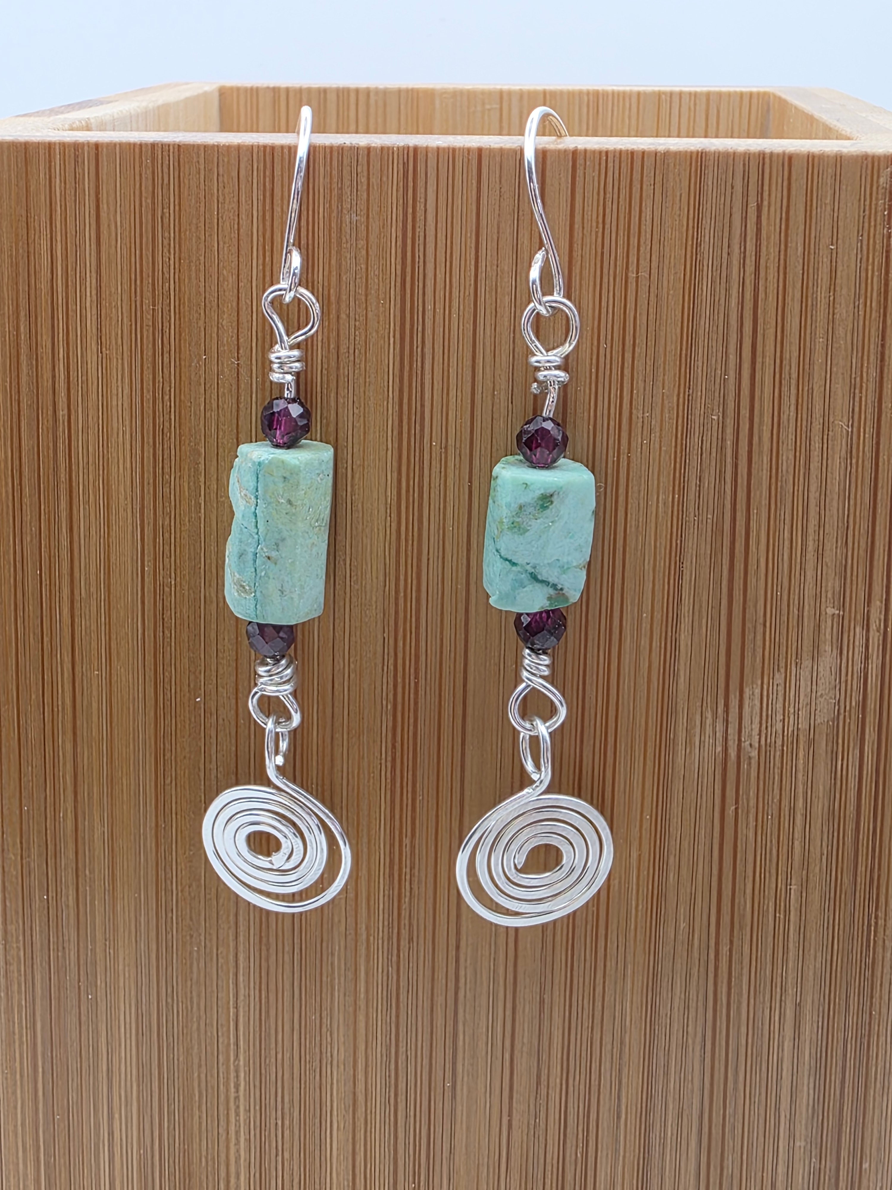 Rough Turquoise Sterling Silver Earrings with Tiny Garnet Accent Beads and Hammered Spiral