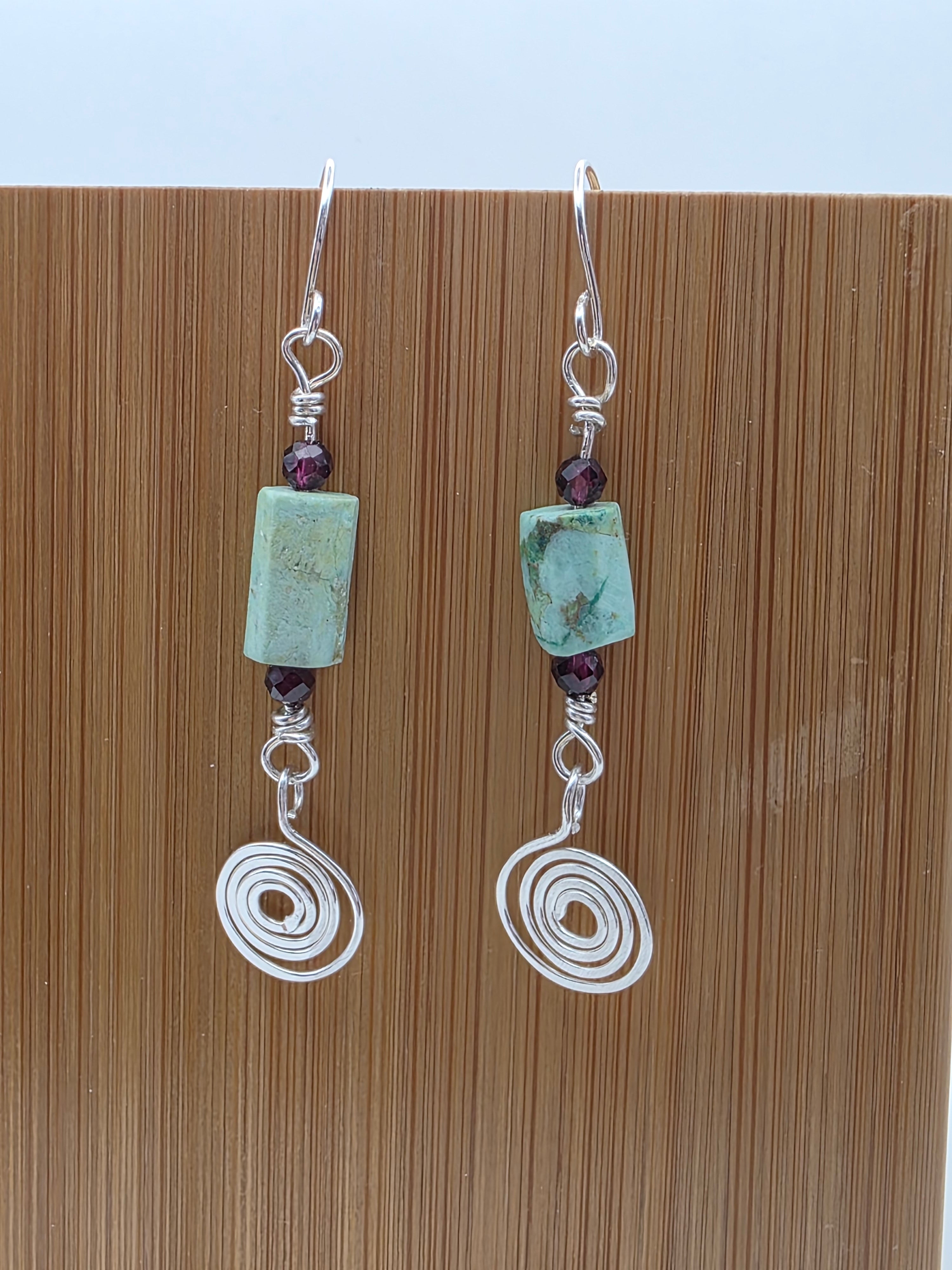 Rough Turquoise Sterling Silver Earrings with Tiny Garnet Accent Beads and Hammered Spiral