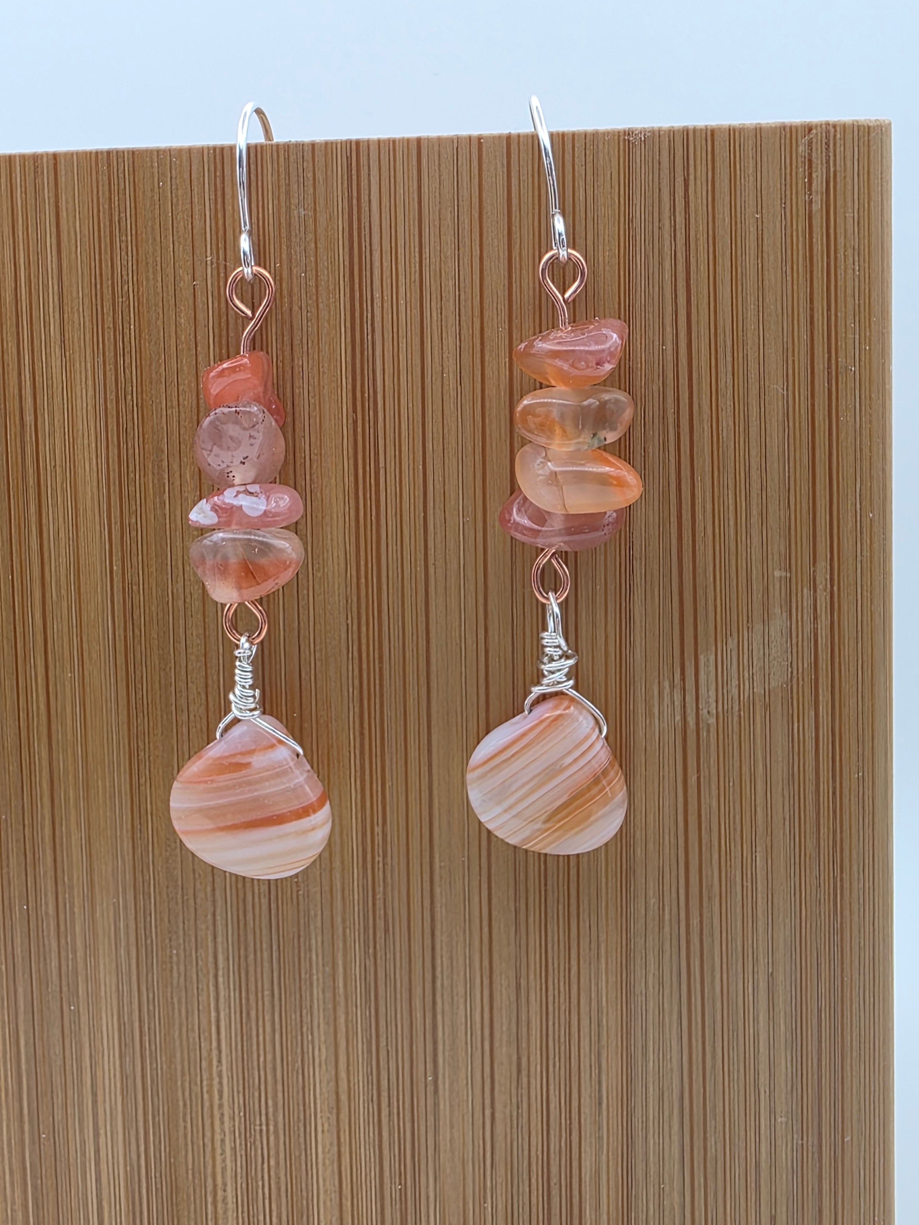 Copper and Sterling Silver Mixed Metal Banded Agate and Watermelon Quartz Earrings Zion National Park Inspired