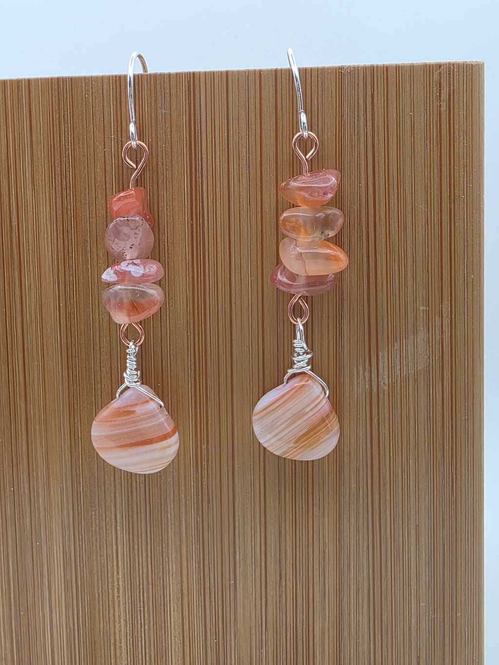 Copper and Sterling Silver Mixed Metal Banded Agate and Watermelon Quartz Earrings Zion National Park Inspired