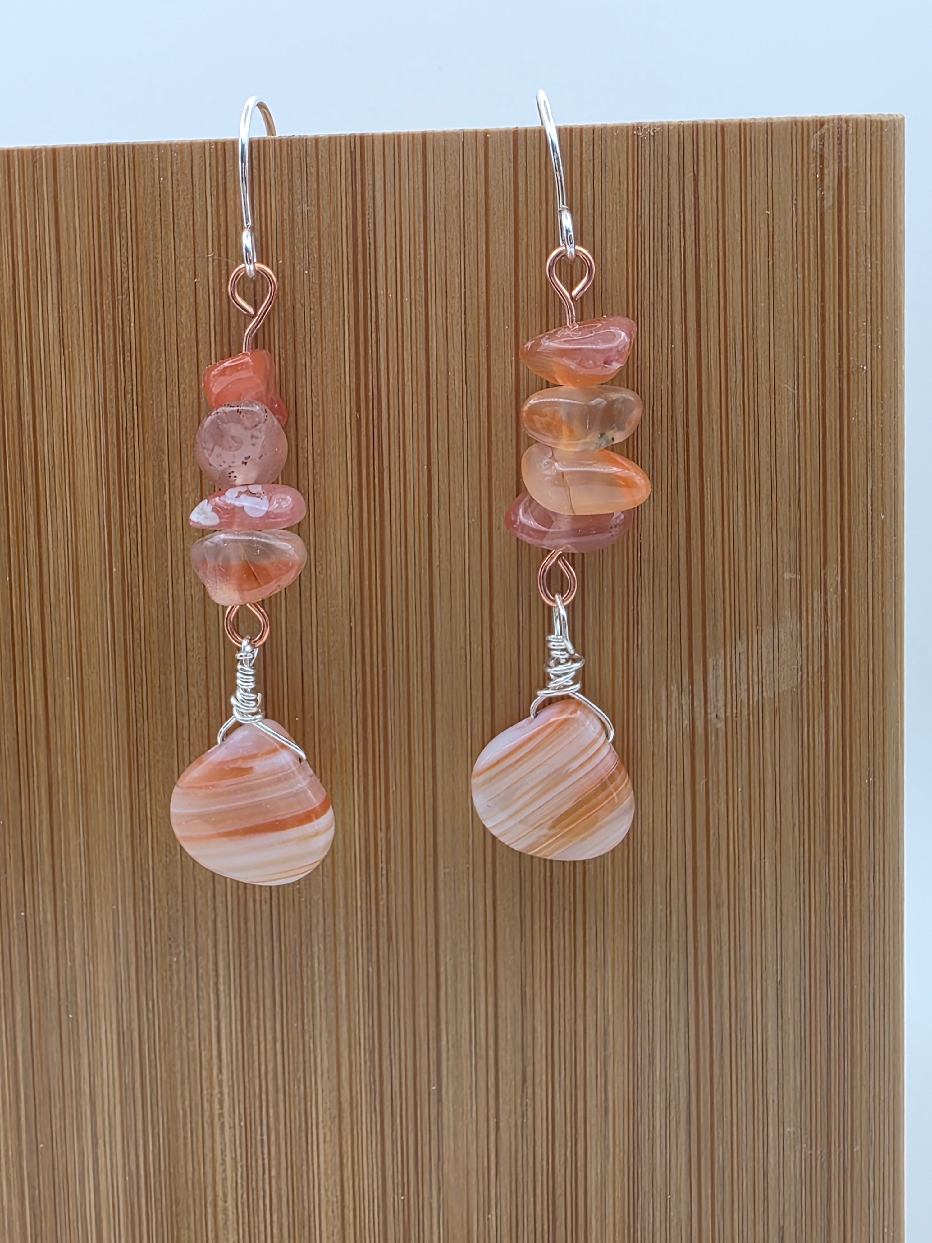 Copper and Sterling Silver Mixed Metal Banded Agate and Watermelon Quartz Earrings Zion National Park Inspired