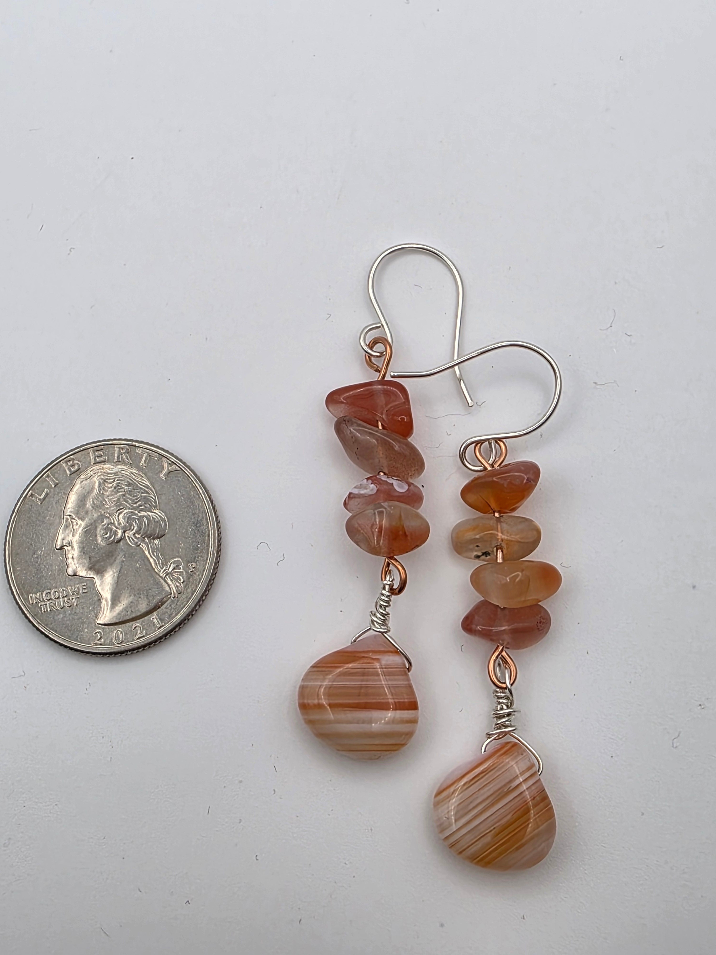 Copper and Sterling Silver Mixed Metal Banded Agate and Watermelon Quartz Earrings Zion National Park Inspired