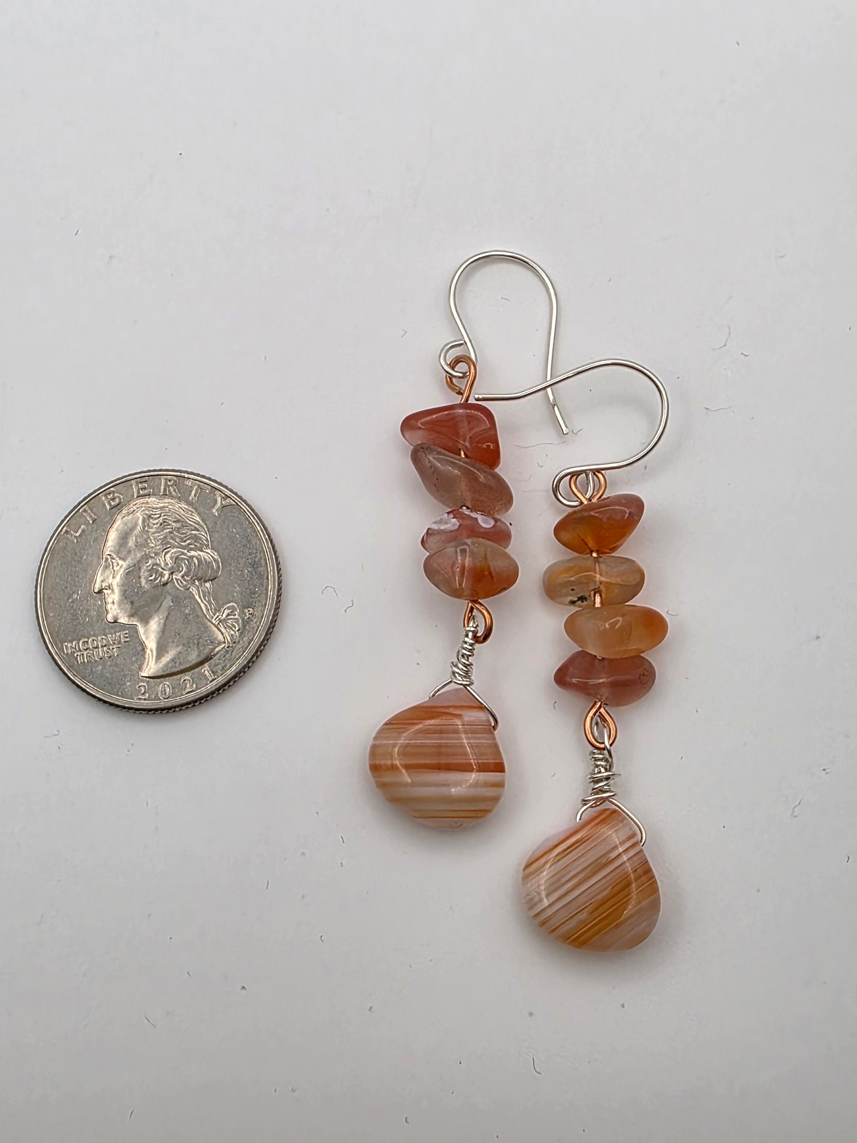Copper and Sterling Silver Mixed Metal Banded Agate and Watermelon Quartz Earrings Zion National Park Inspired