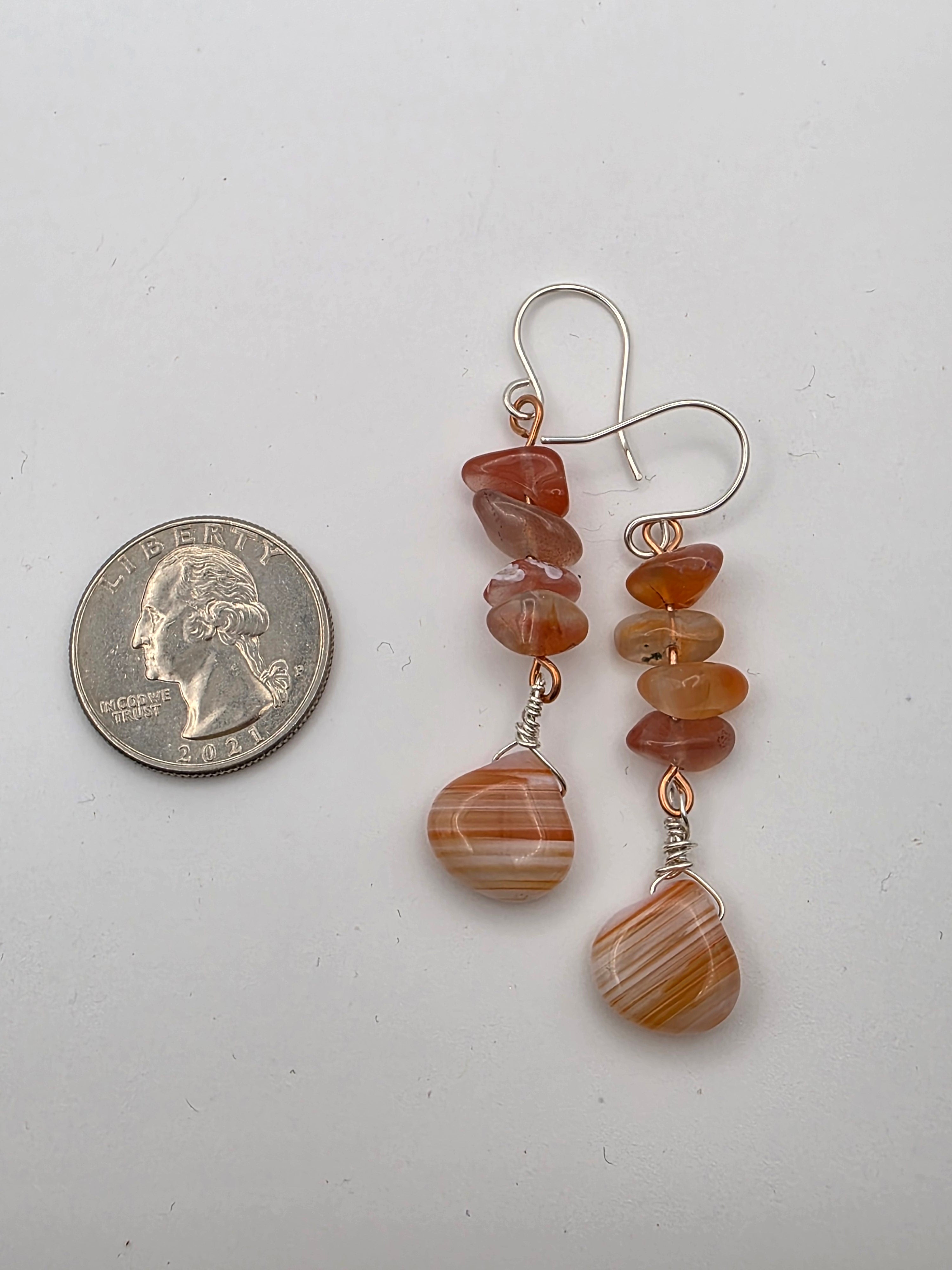 Copper and Sterling Silver Mixed Metal Banded Agate and Watermelon Quartz Earrings Zion National Park Inspired