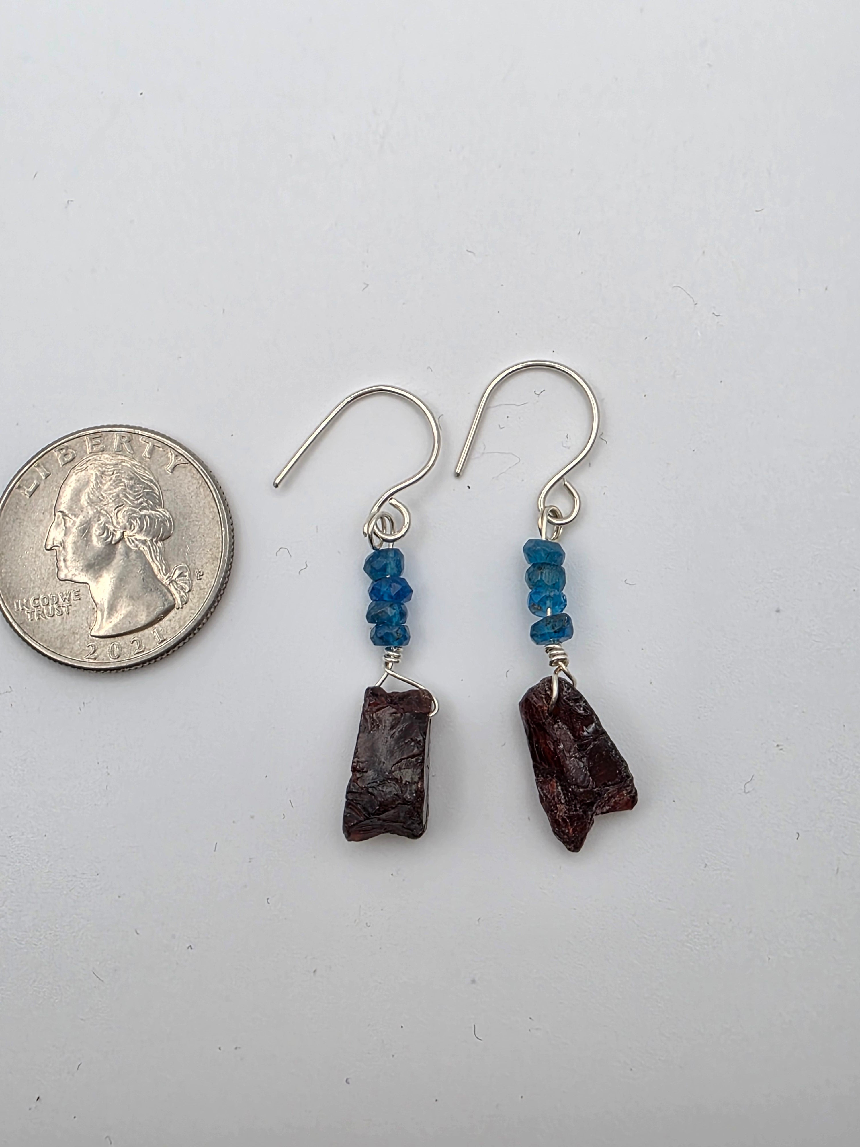Raw Garnet and London Blue Topaz Earrings on Sterling Silver Wire
