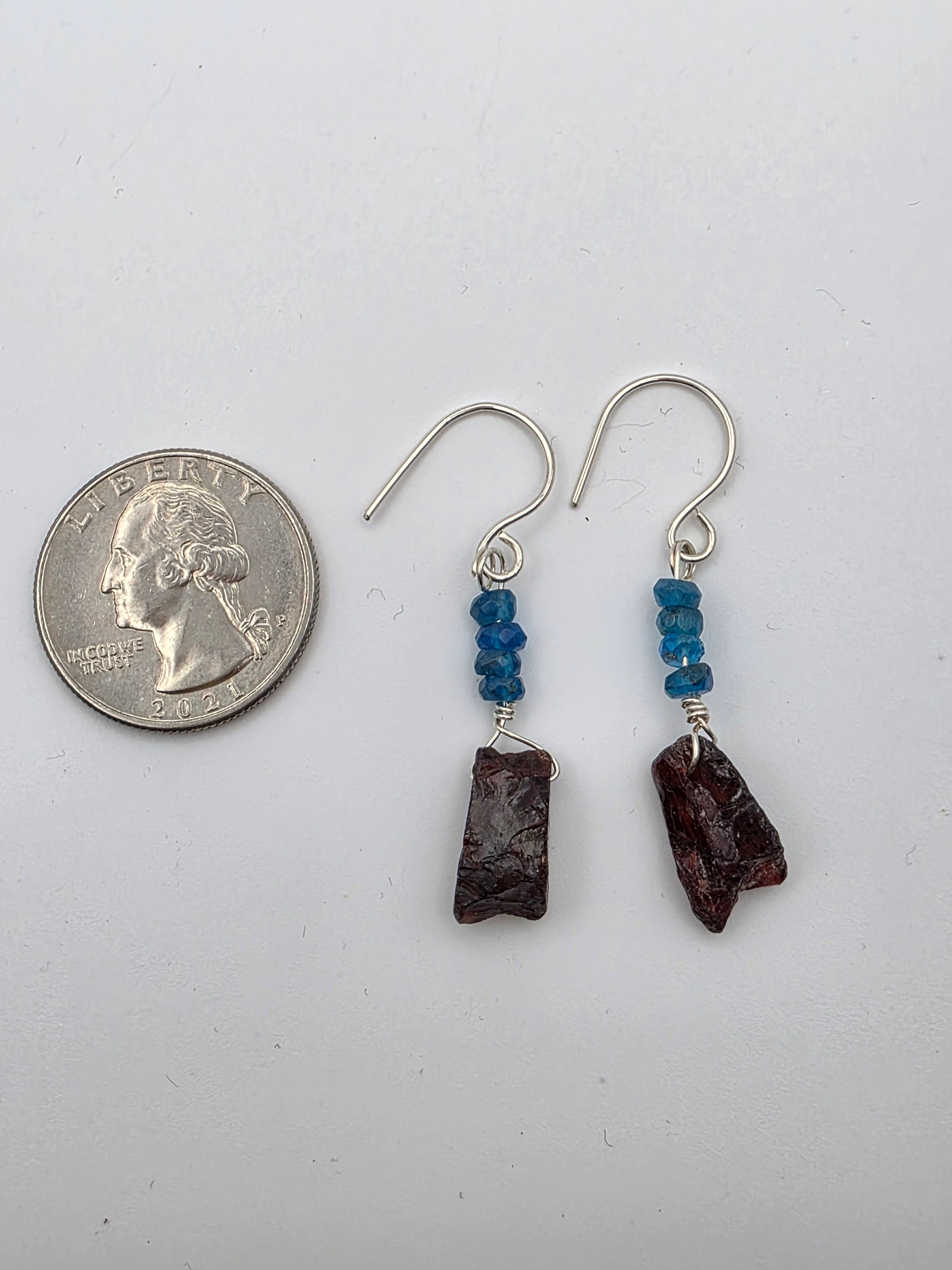 Raw Garnet and London Blue Topaz Earrings on Sterling Silver Wire