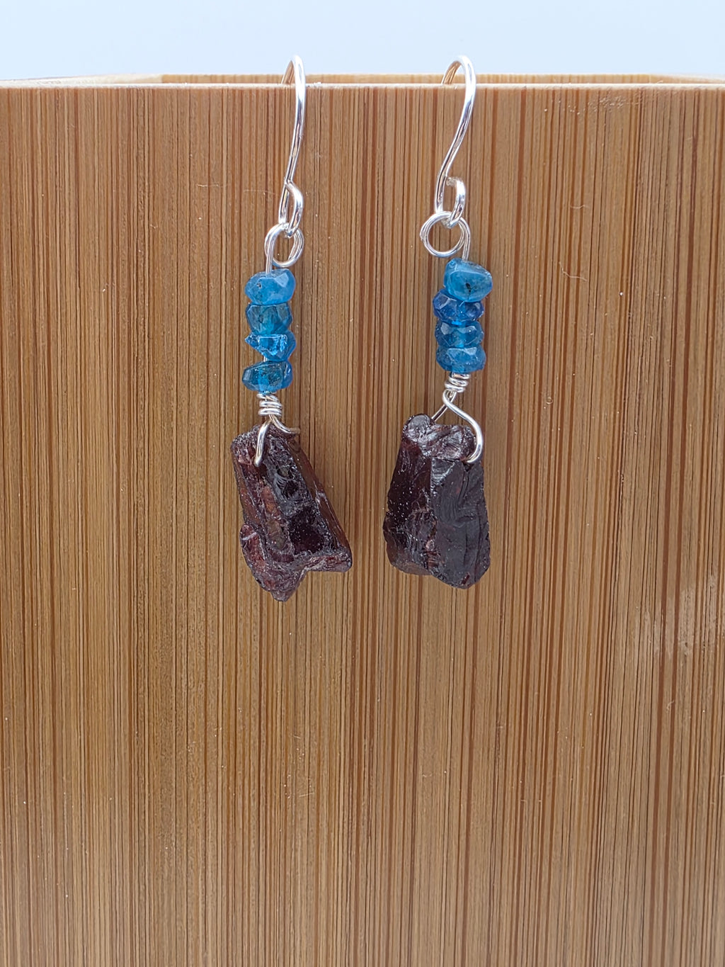 Raw Garnet and London Blue Topaz Earrings on Sterling Silver Wire