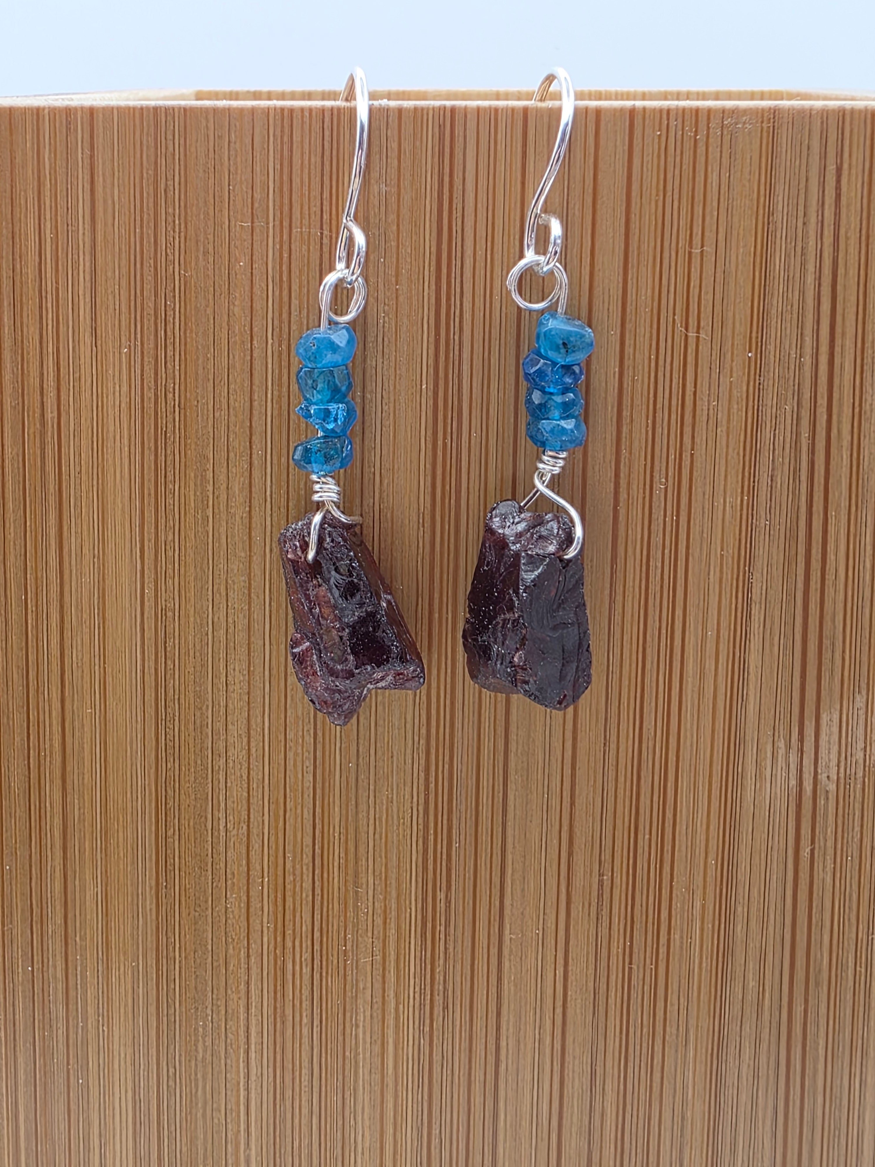 Raw Garnet and London Blue Topaz Earrings on Sterling Silver Wire