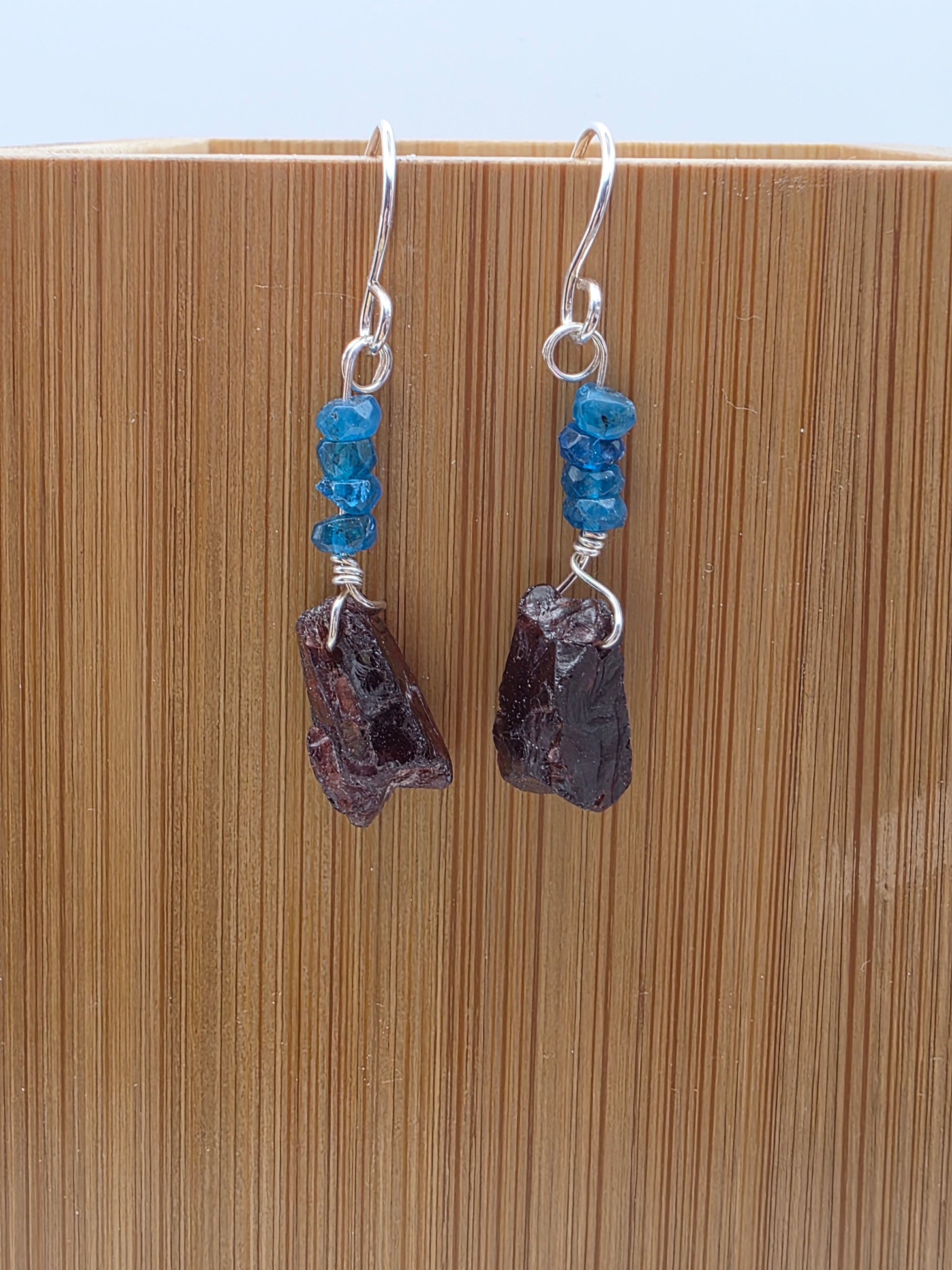 Raw Garnet and London Blue Topaz Earrings on Sterling Silver Wire