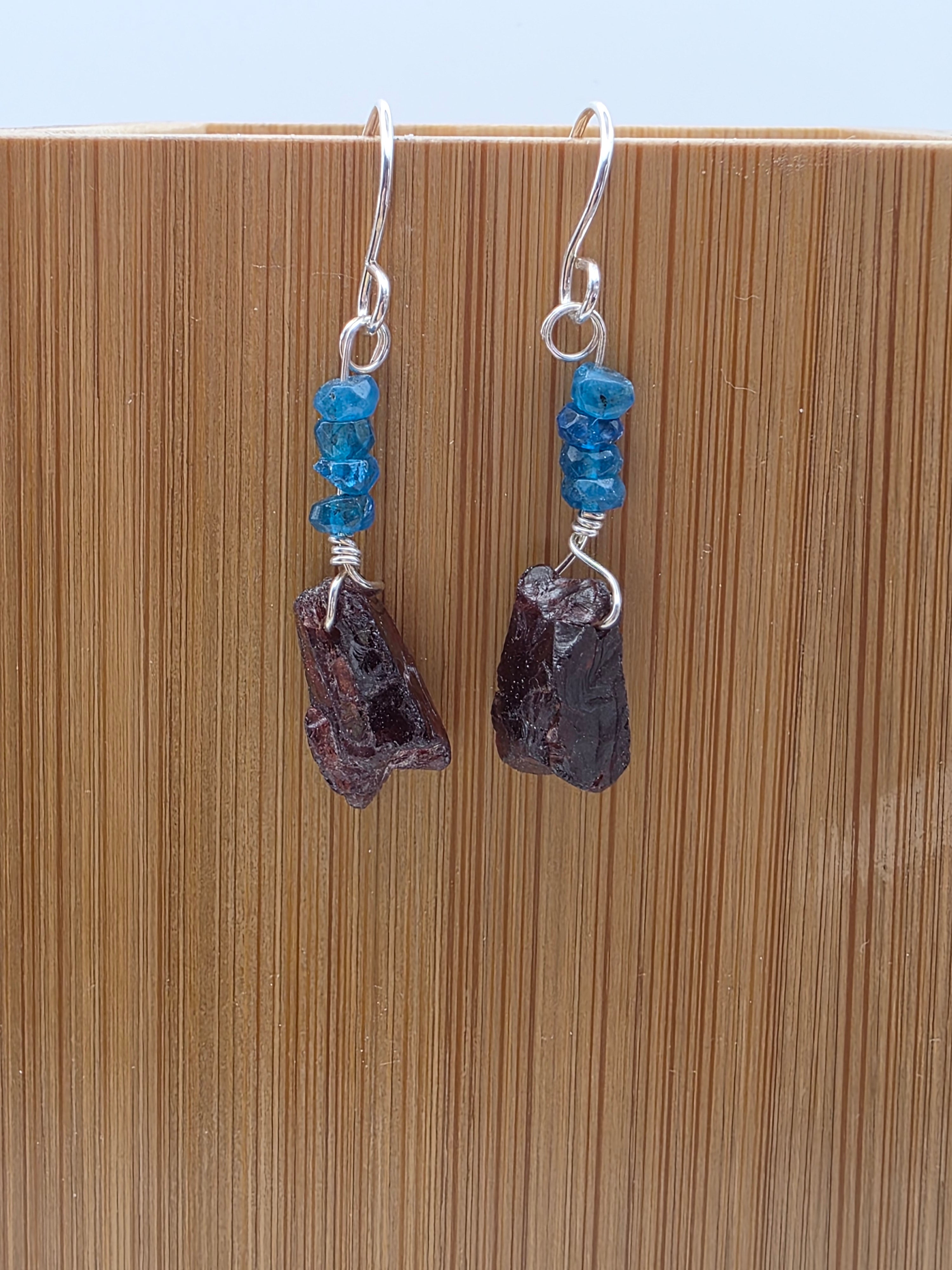 Raw Garnet and London Blue Topaz Earrings on Sterling Silver Wire